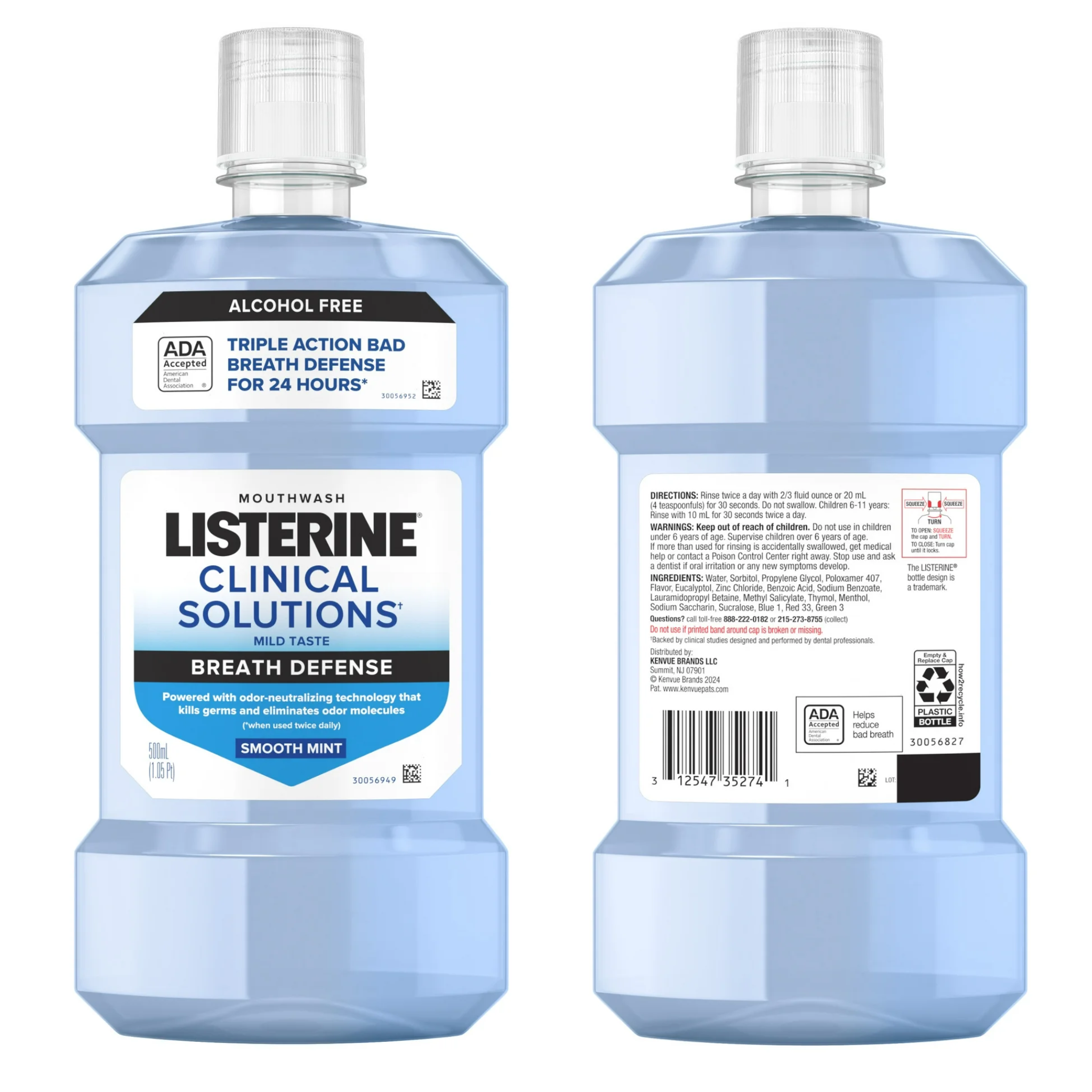 Listerine, Breath Defense Alcohol-Free Mouthwash, Smooth Mint Flavor for Fresh Breath, 500 mL