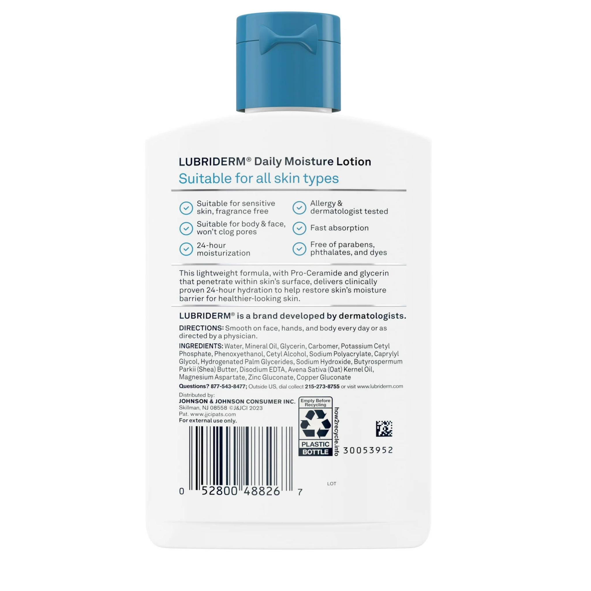 Lubriderm, Unscented Daily Moisture Lotion, Pro-Ceramide Formula for Soft, Healthy Skin, 6 fl oz Bottle