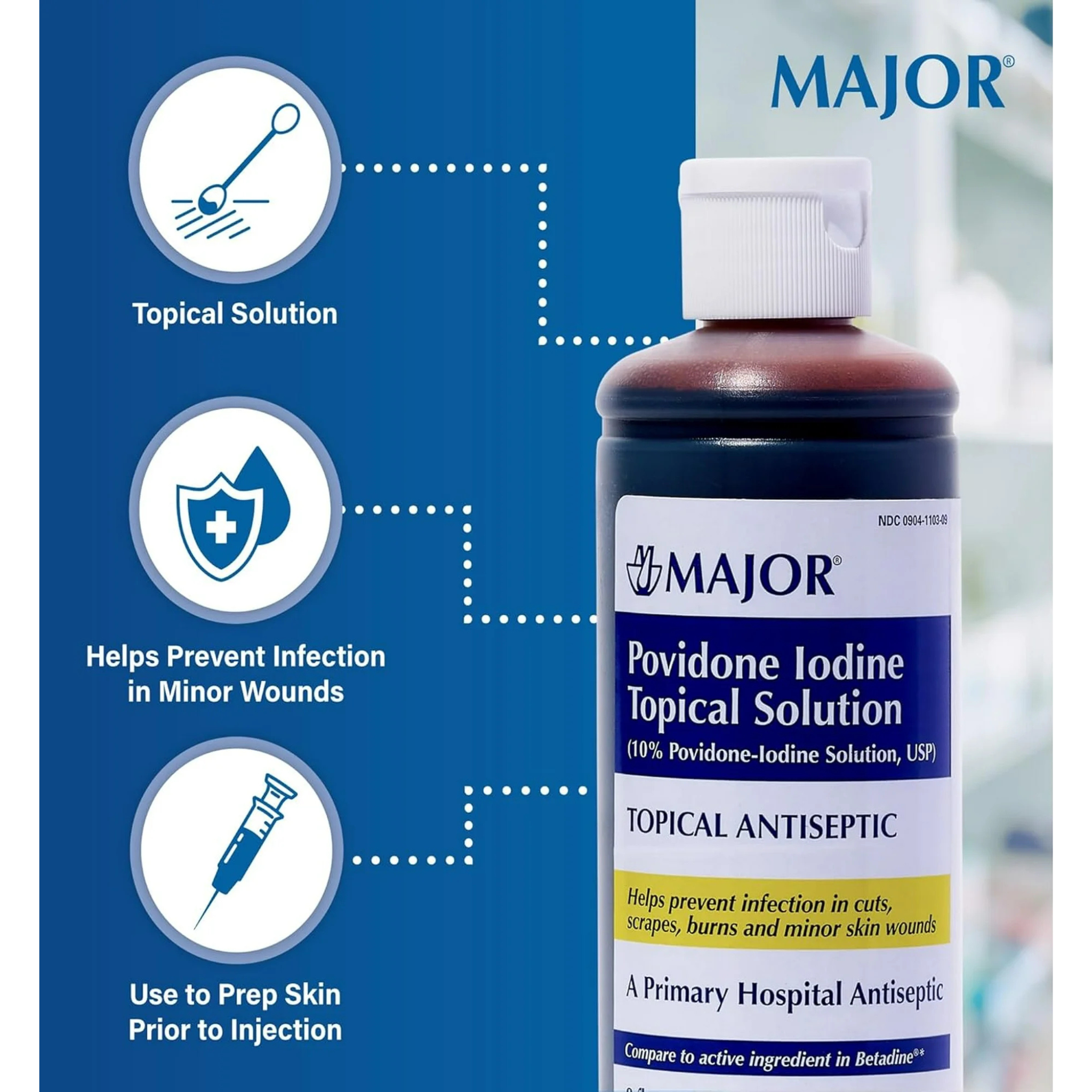 Major, Povidone-Iodine Liquid Topical Solution, Antiseptic for Cuts and Scrapes, 8 Fl. Oz