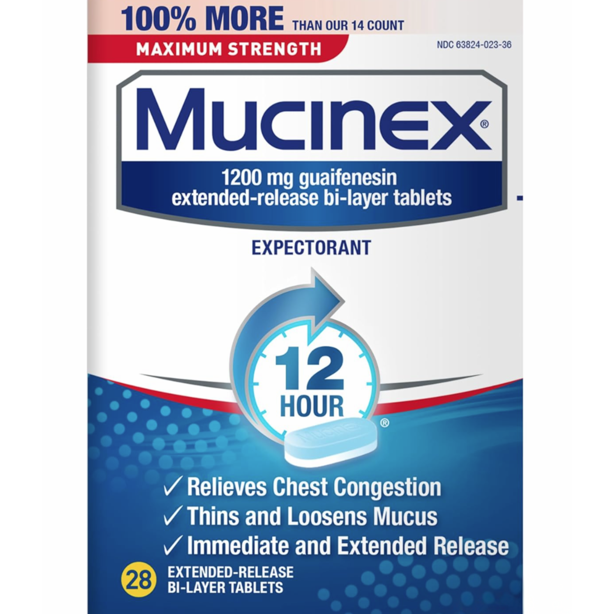 Mucinex 12 Hour Maximum Strength 1200 mg Guaifenesin Extended-Release Tablets for Excess Mucus Relief, Expectorant Aids Excess Mucus Removal, Chest Congestion Relief, 28 Tablets