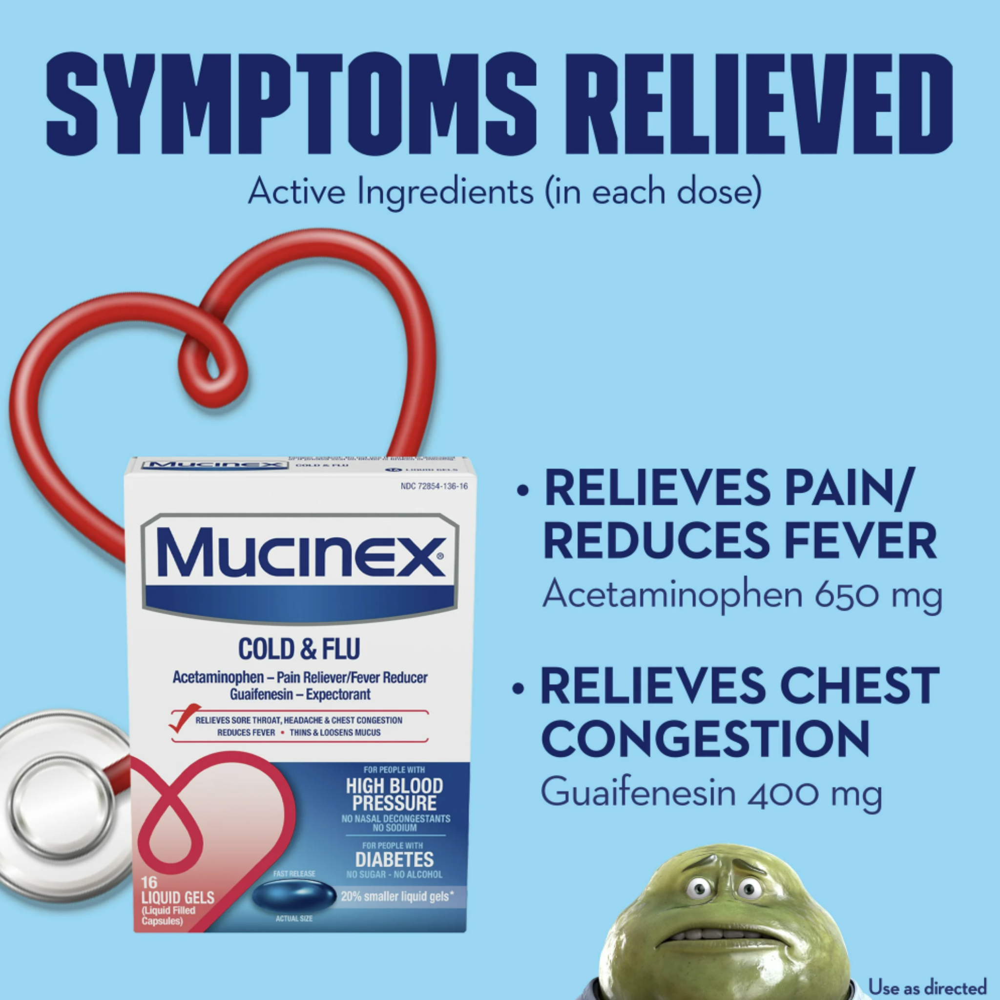 Mucinex Cold & Flu Fast Release Liquid Gels for people with High Blood Pressure & Diabetes, 16ct.