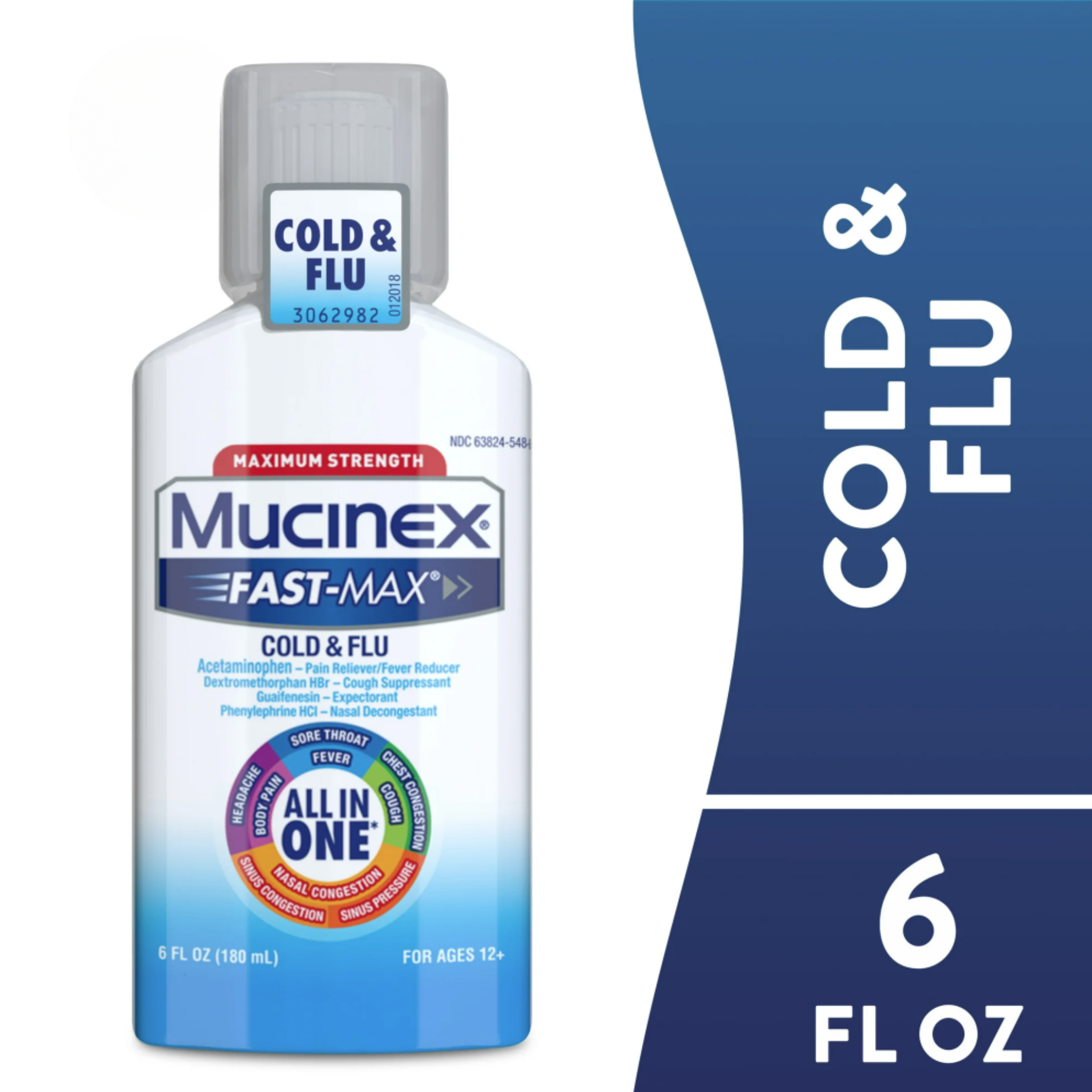 Mucinex Fast-Max Cold and Flu Medicine, Chest Congestion, Cough, Sore Throat, Nasal Decongestant, 6 fl oz