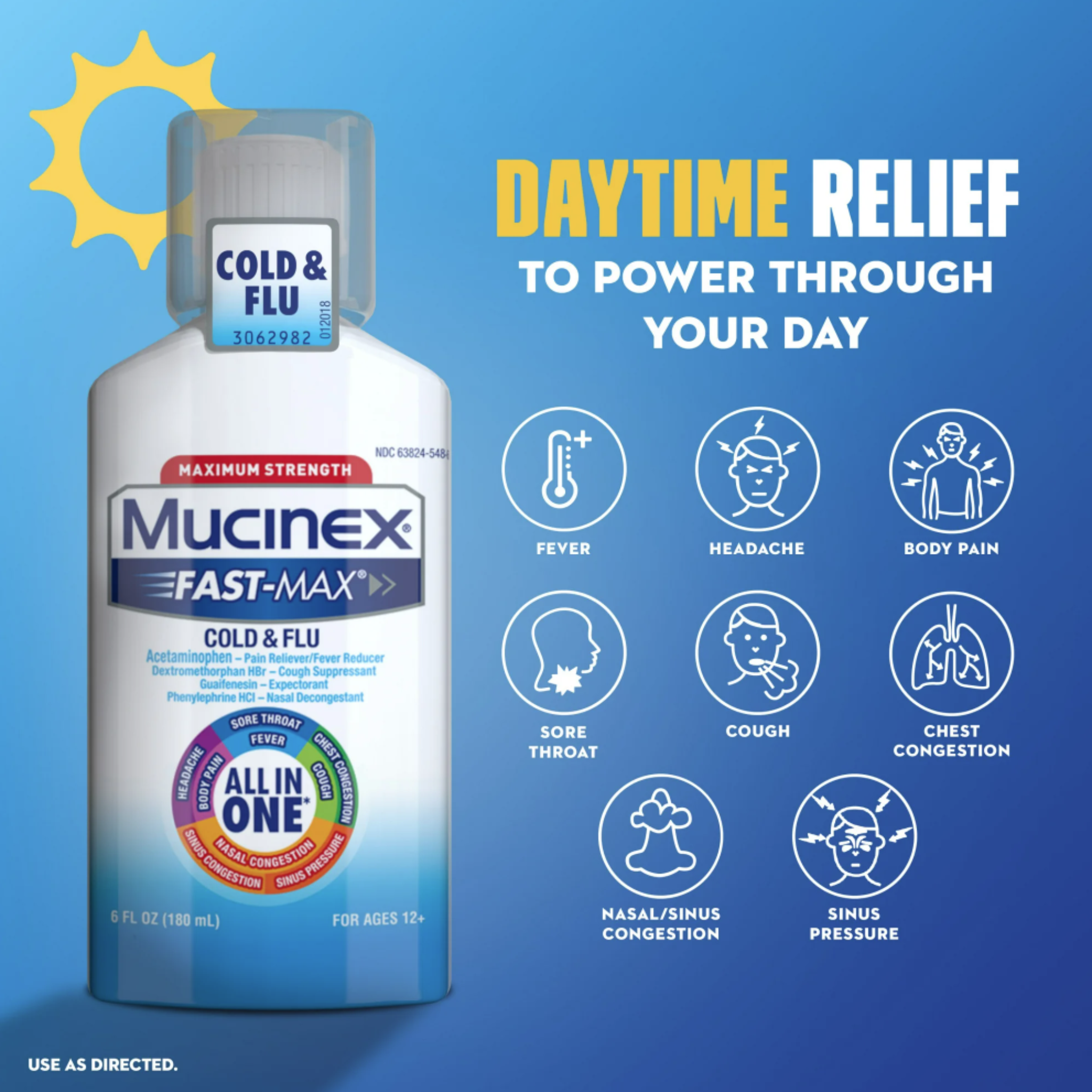 Mucinex Fast-Max Cold and Flu Medicine, Chest Congestion, Cough, Sore Throat, Nasal Decongestant, 6 fl oz