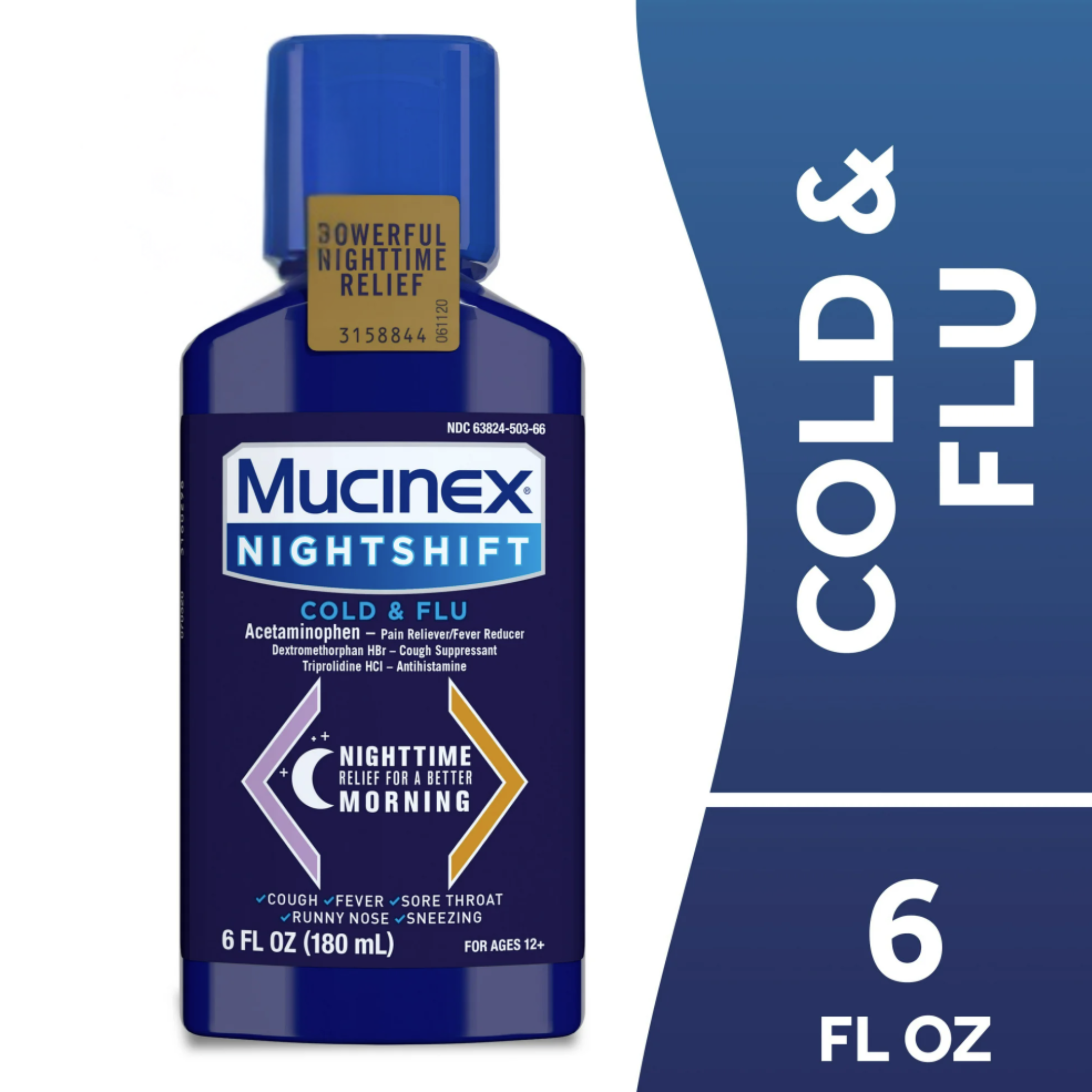 Mucinex Nightshift Cold and Flu Medicine, Fever Reducer, OTC Nighttime Cough Relief, 6 fl oz