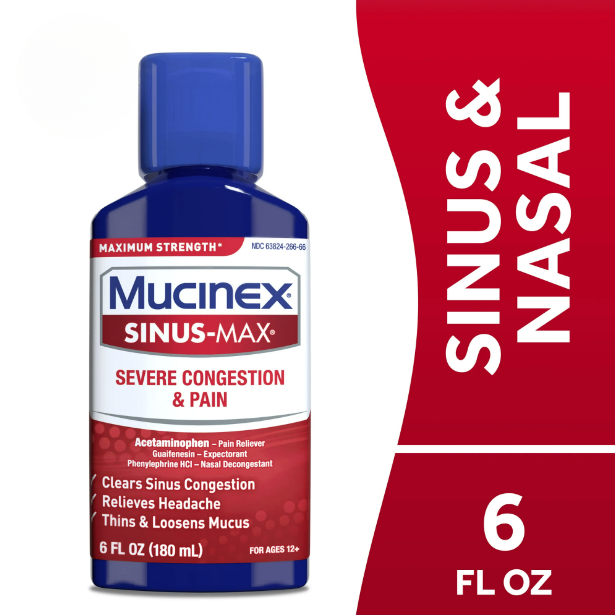 Mucinex Sinus-Max Severe Congestion & Pain Medicine, OTC Headache Relief, Nasal Decongestant, 6 fl oz