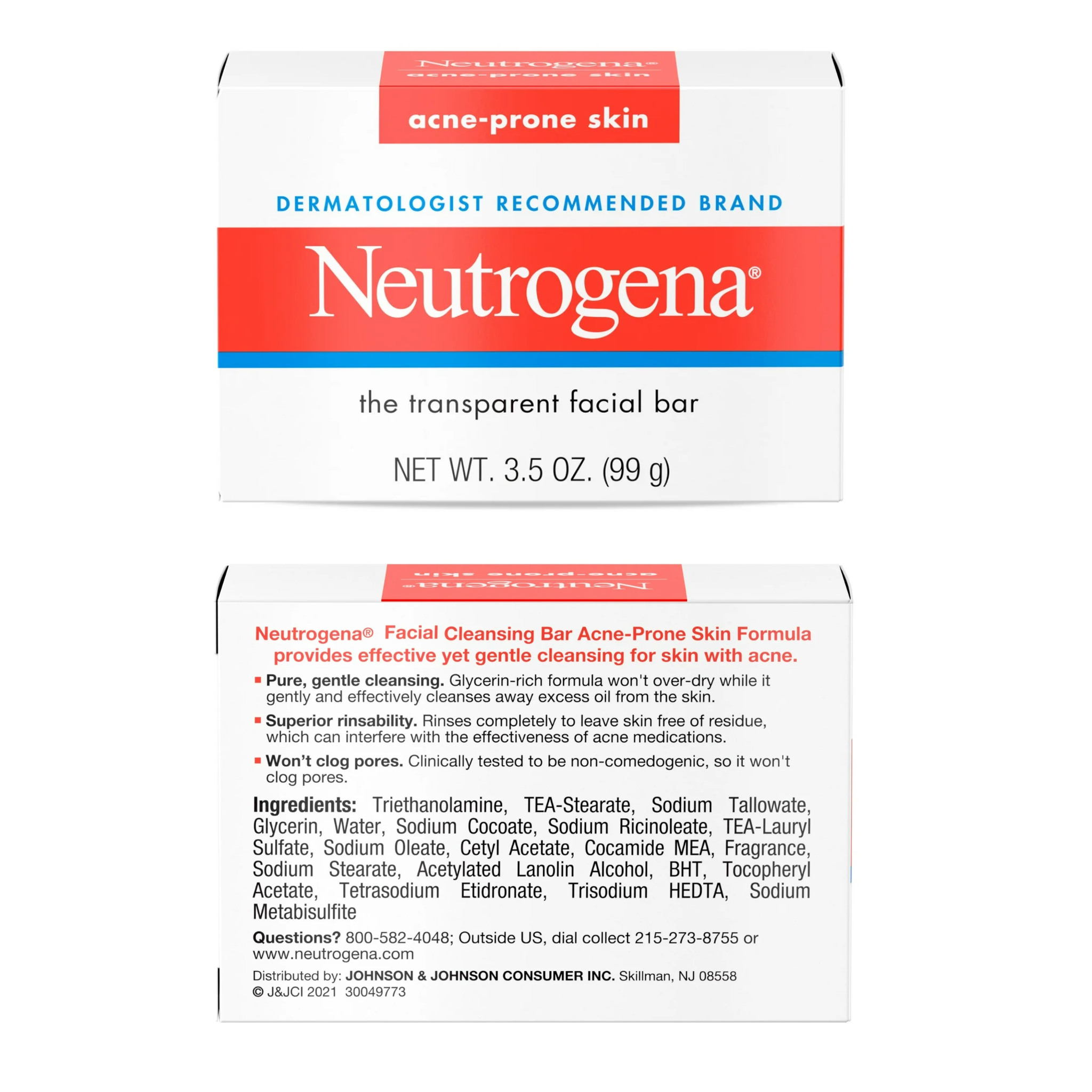 Neutrogena, Glycerin Facial Cleansing Bar for Acne-Prone Skin, Gentle and Hydrating Formula, 3.5 oz