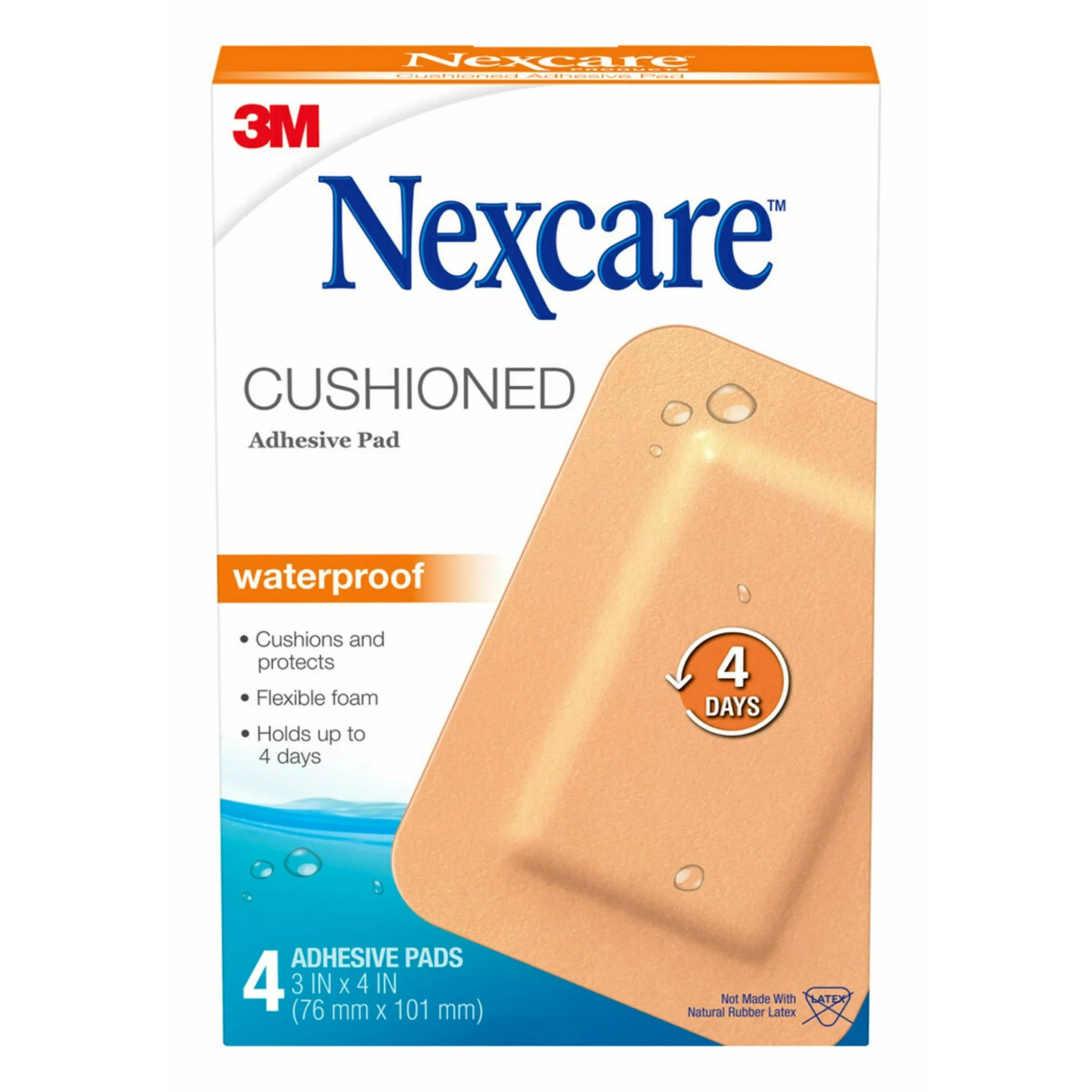 Nexcare Absolute Waterproof Adhesive Pad, 3 in x 4 in, 4 ct