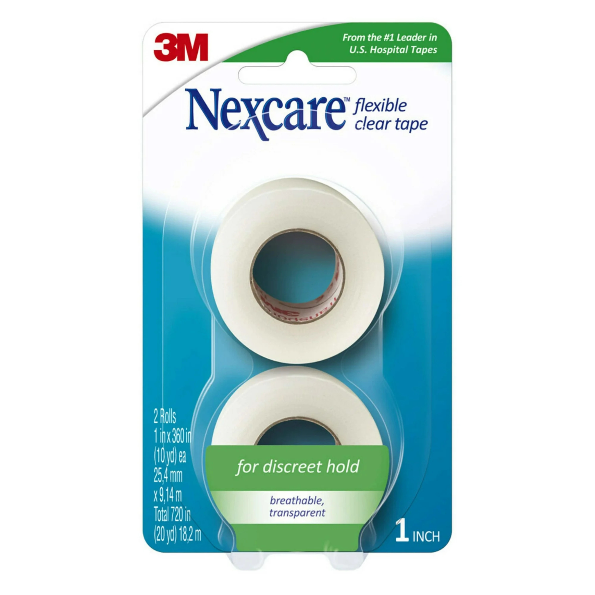 Nexcare, Flexible Clear First Aid Tape, Hospital Grade, Durable and Breathable Adhesion, 2 Rolls