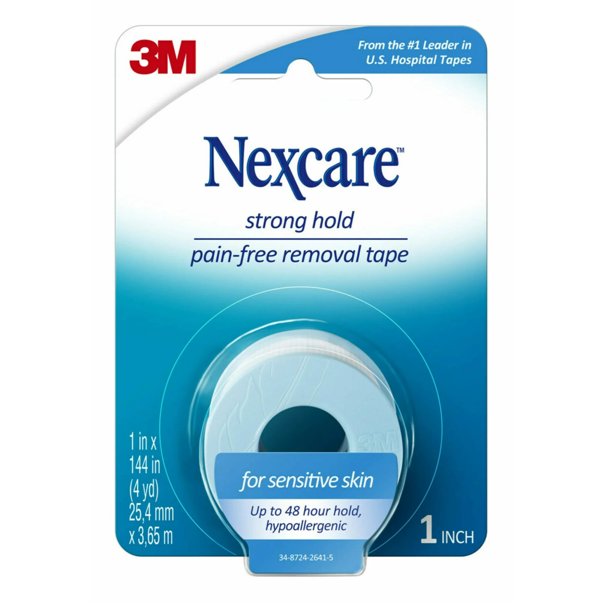 Nexcare, Strong Hold Pain-Free Removal Tape, Comfortable and Reliable Adhesive for Sensitive Skin, 1" x 4 Yards, 1 Roll