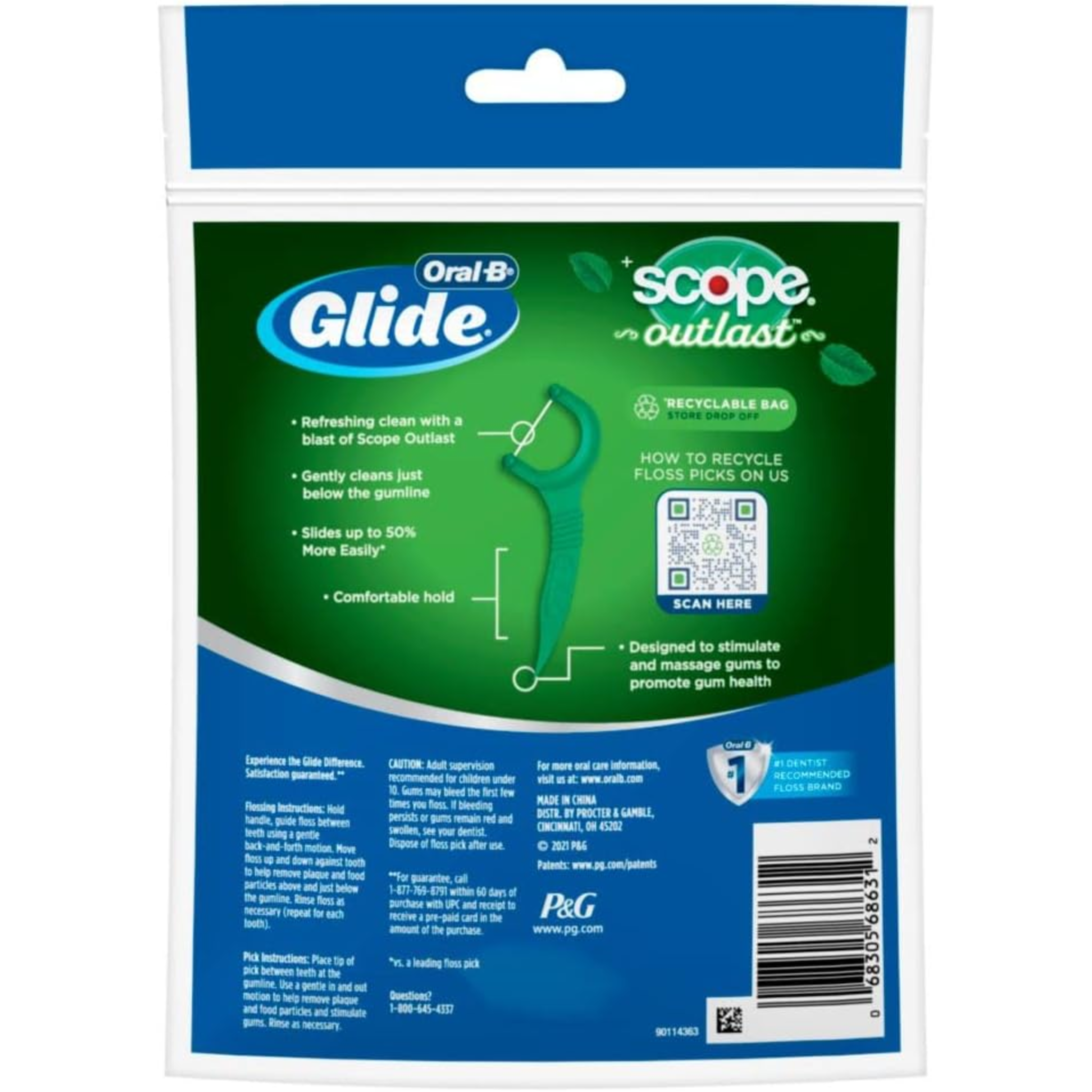 Oral-B, Glide Complete Floss Picks, Long-Lasting Mint Flavor with Scope Outlast for Fresh Breath, 75 Count