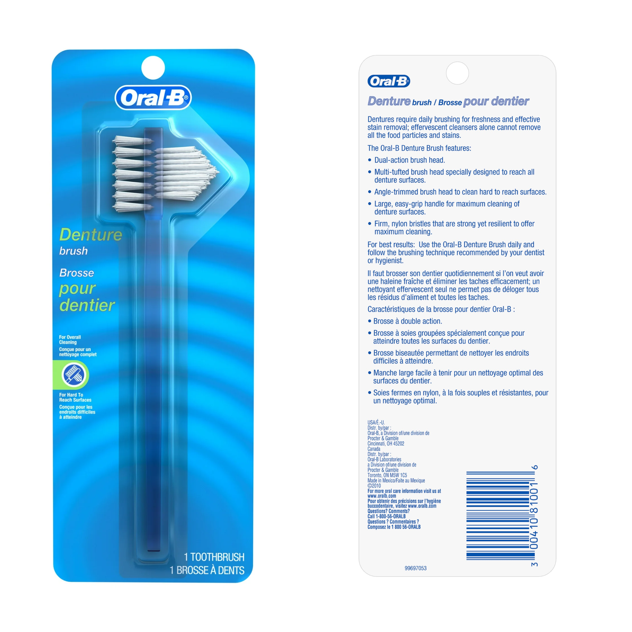 Oral-B, Denture Toothbrush, Dual Action Bristles for Effective Cleaning, 1 Count