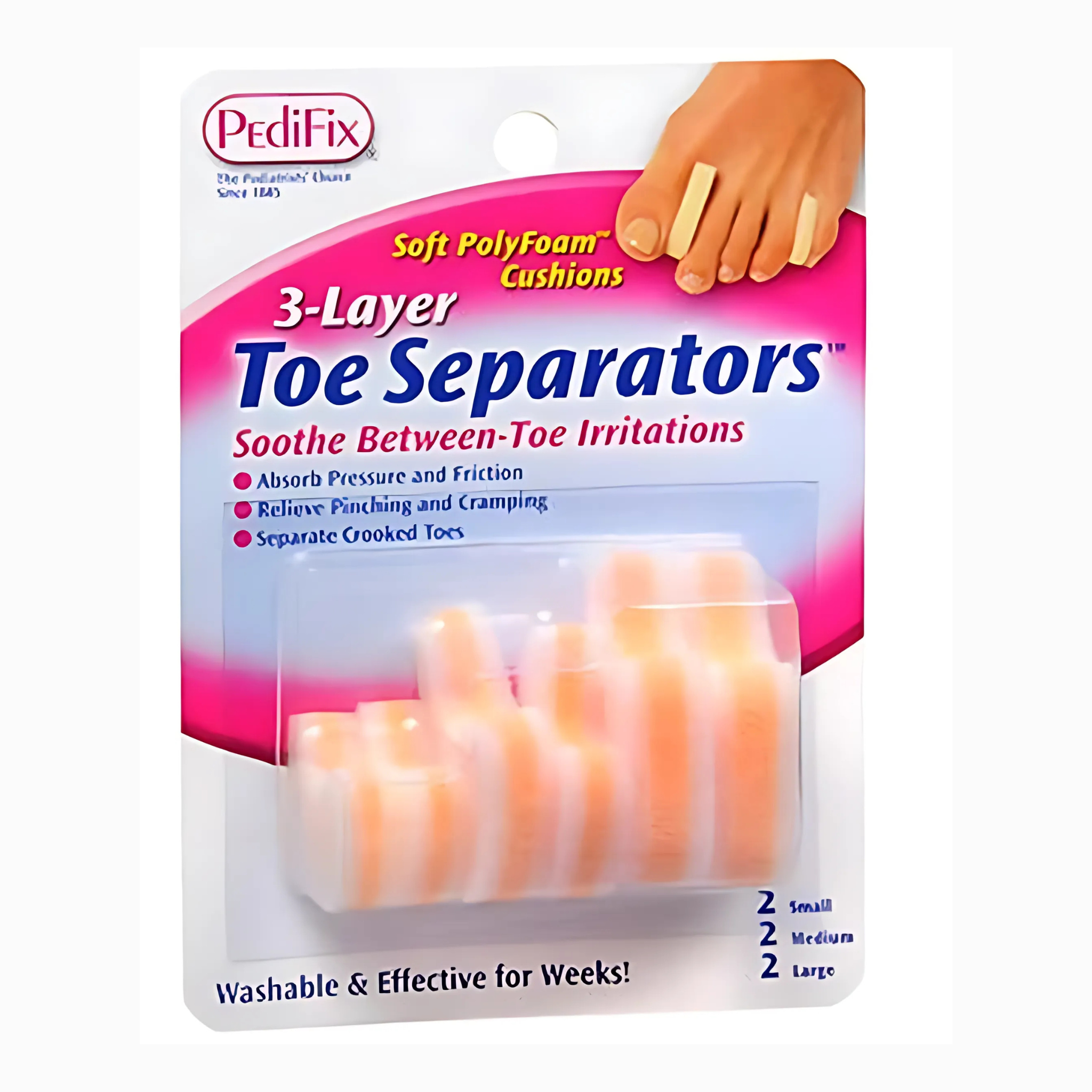 PediFix, 3-Layer Toe Separators, Soft Cushion for Toe Alignment and Comfort, 6 Count