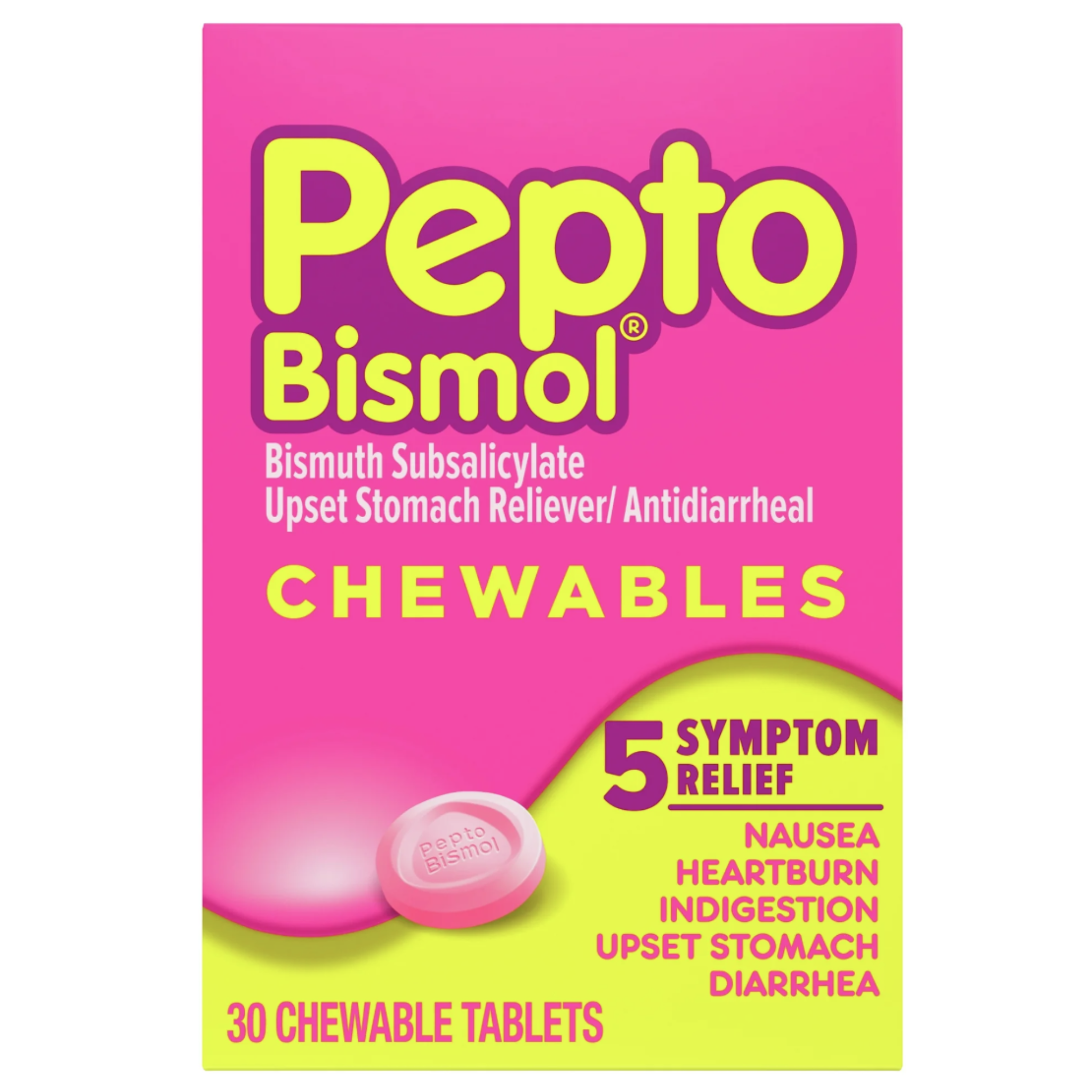 Pepto Bismol Chewable Tablets Upset Stomach & Diarrhea Relief, over-The-Counter Medicine, Orig 30 Ct