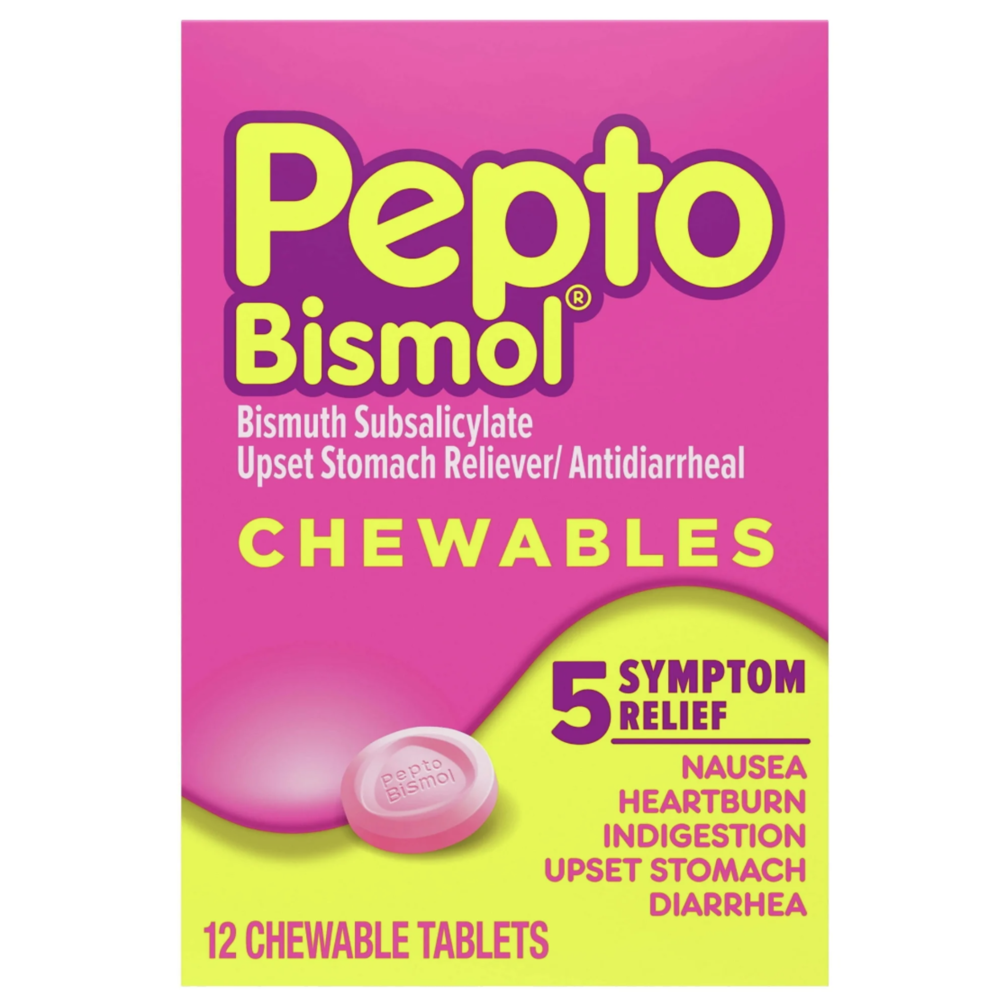 Pepto Bismol Original Chewable Tablets for Upset Stomach & Diarrhea Relief, over-the-Counter Medicine, 12 Ct