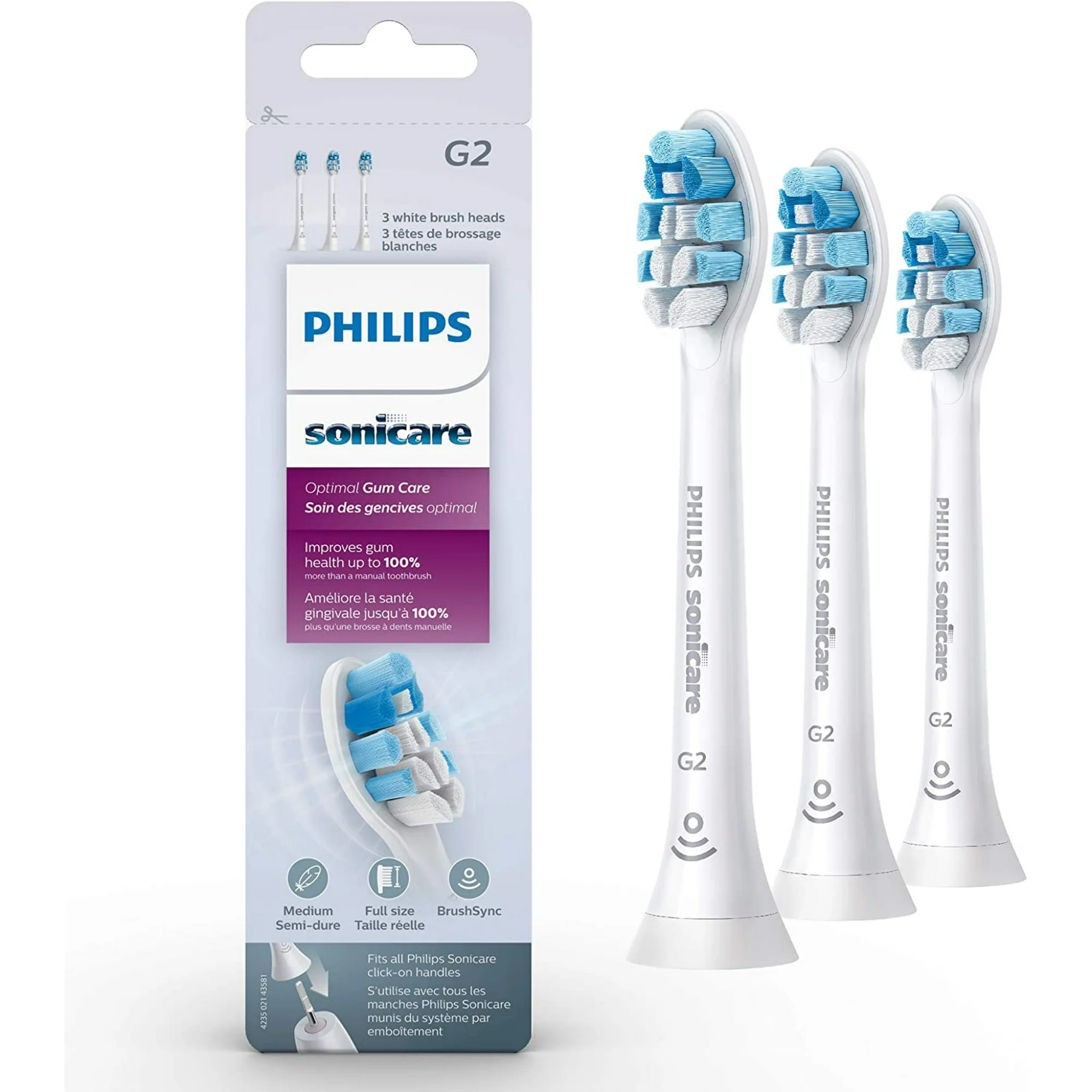 Philips Sonicare, G2 Optimal Gum Care Brush Heads, Replacement Toothbrush Heads for Gentle Gum Care, White, 3 Pack, HX9033/65