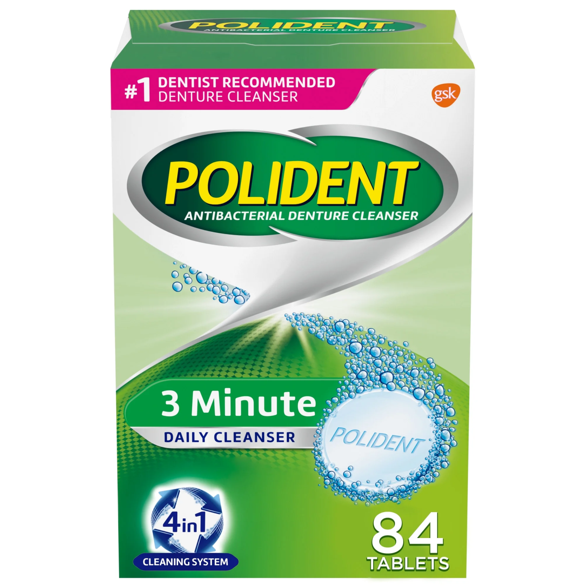 Polident, 3 Minute Denture Cleanser Tablets, Fast Stain Removal and Freshness, 84 Count, For Adults