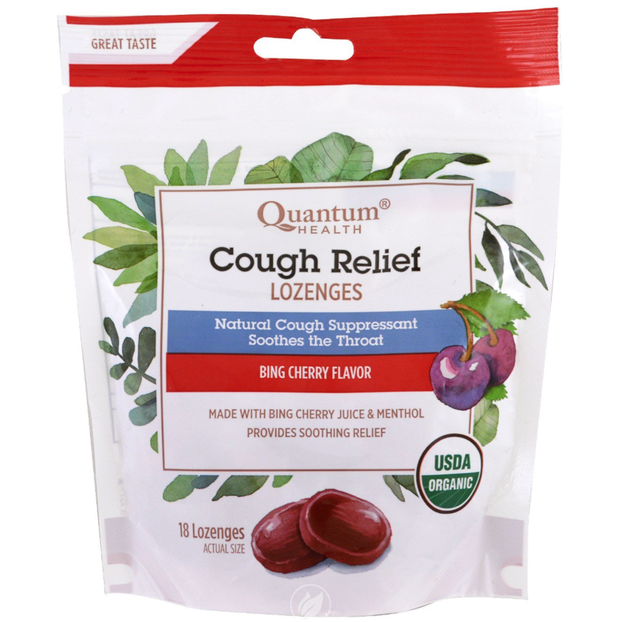 Quantum Health Cough Relief Organic Bagged Lozenges Bing Cherry 18 Count