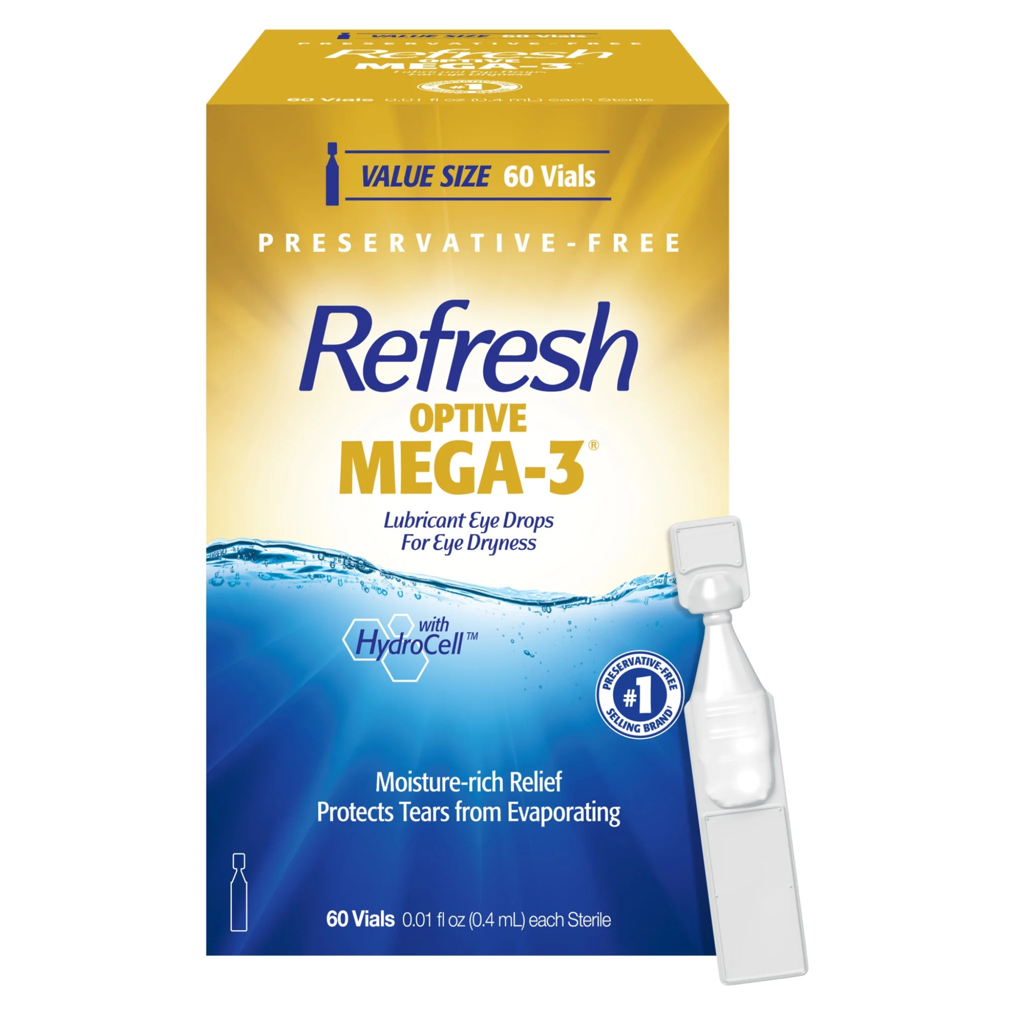 Refresh Optive Mega-3 Lubricant Eye Drops Preservative-Free Artificial Tears, 0.4 ml, 60 Count