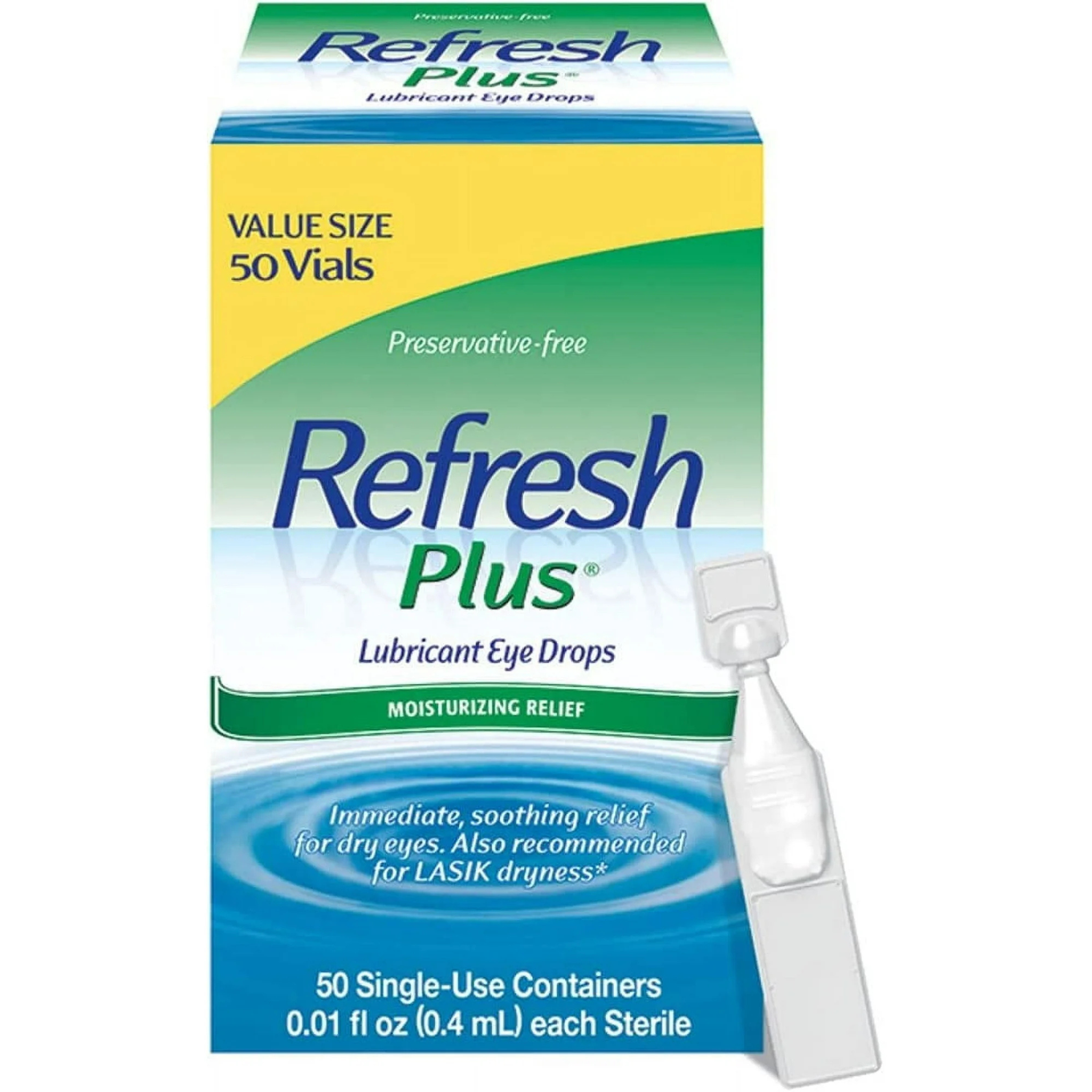 Refresh Plus Lubricant Eye Drops, Preservative-Free, 0.01 Fl Oz Single-Use Containers, 50 Count, Packaging May Vary