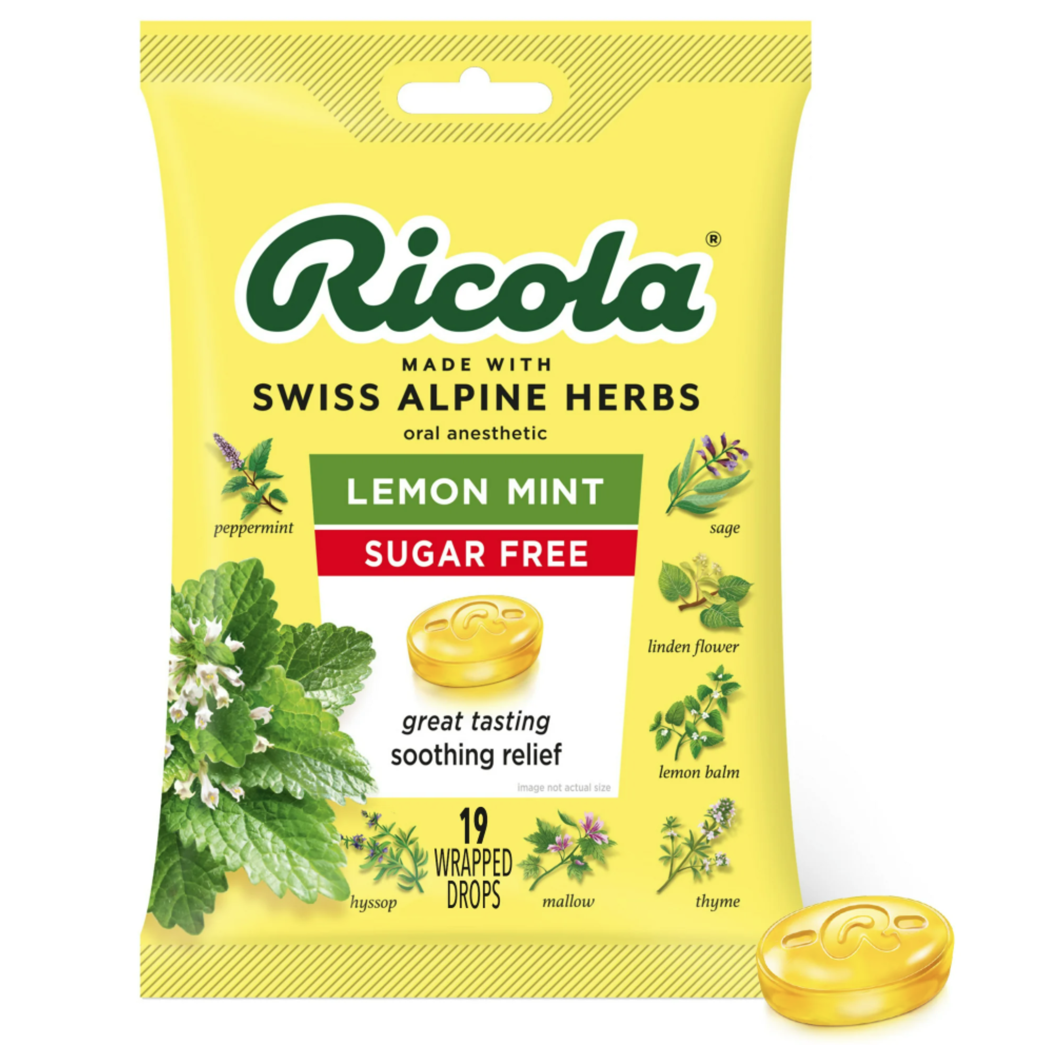 Ricola Sugar Free Lemon Mint Throat Drops, Refreshing Throat Relief & Oral Anesthetic, 19 Count