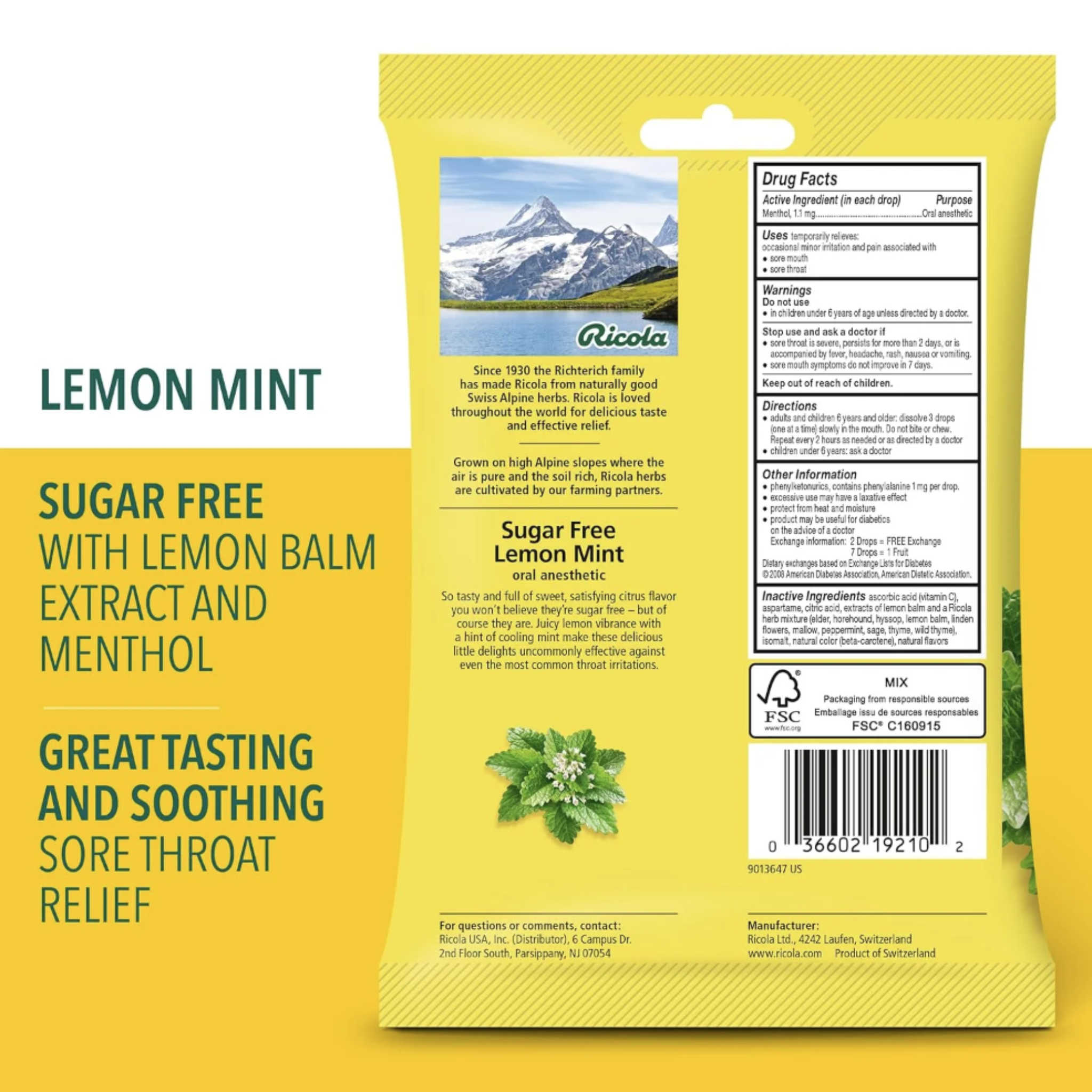 Ricola Sugar Free Lemon Mint Throat Drops, Refreshing Throat Relief & Oral Anesthetic, 19 Count