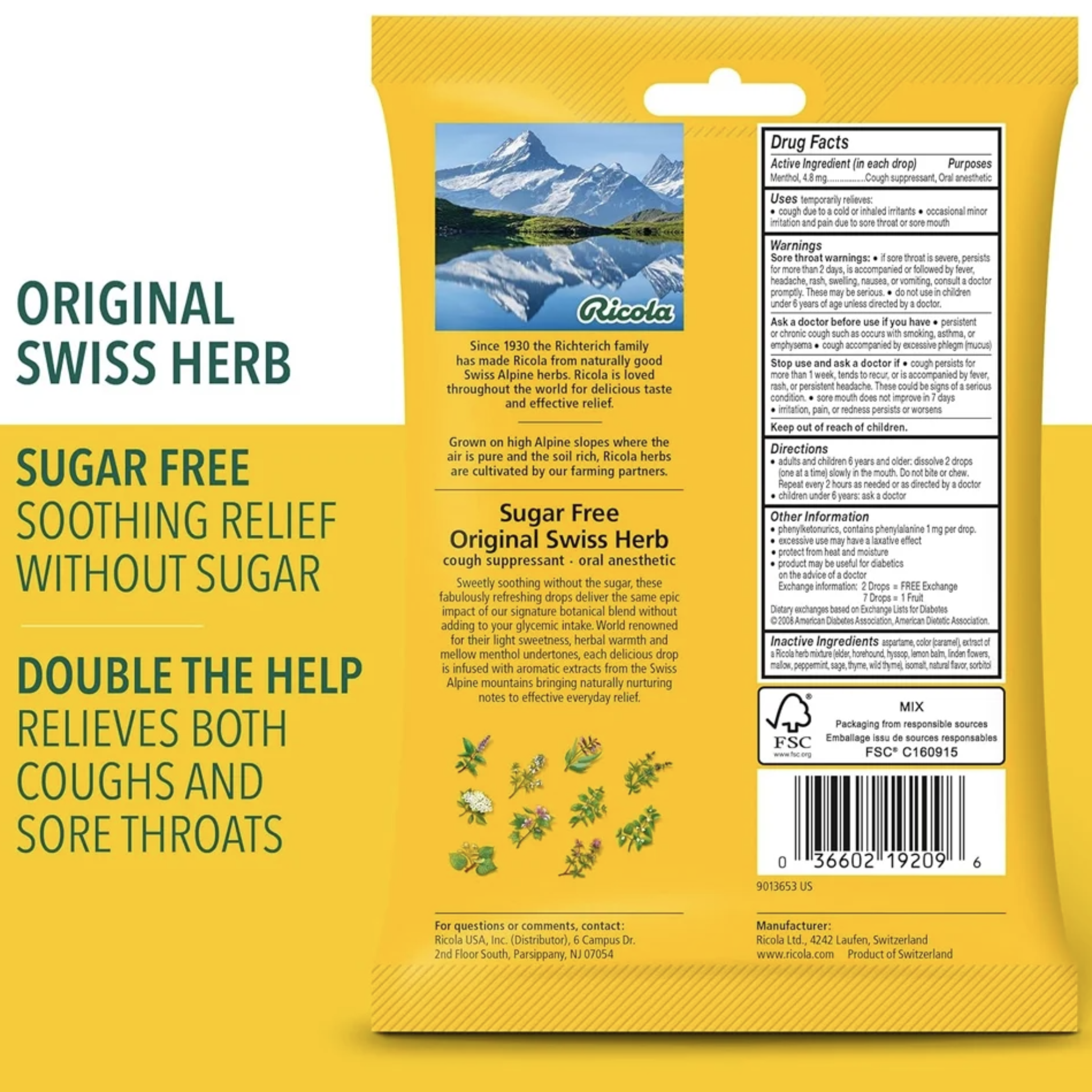 Ricola Sugar Free Throat Drops Original Swiss Herb - 19 ct