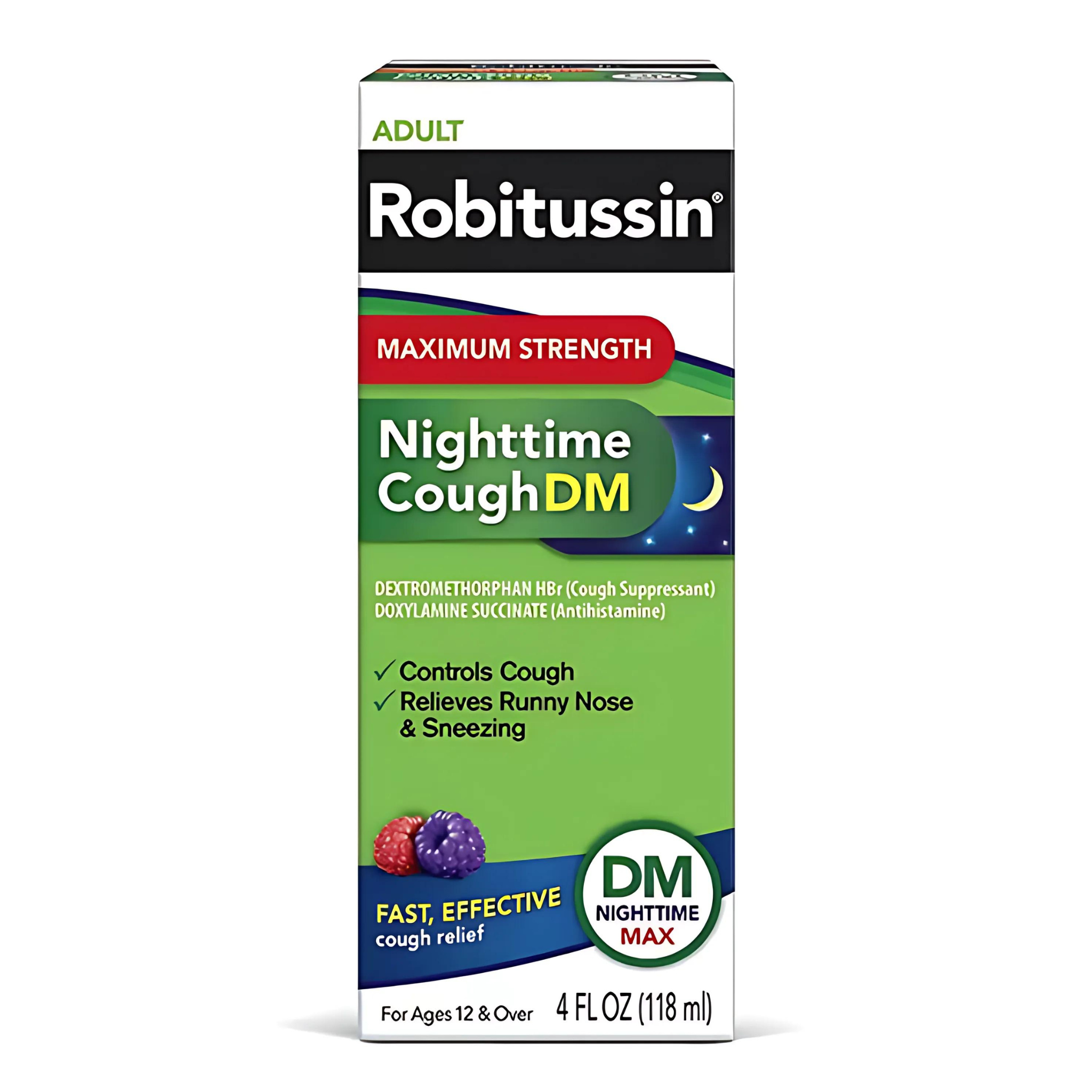 Robitussin Maximum Strength Nighttime Cough DM Max, Adult Formula, Berry Flavor Syrup 4 fl oz Bottle