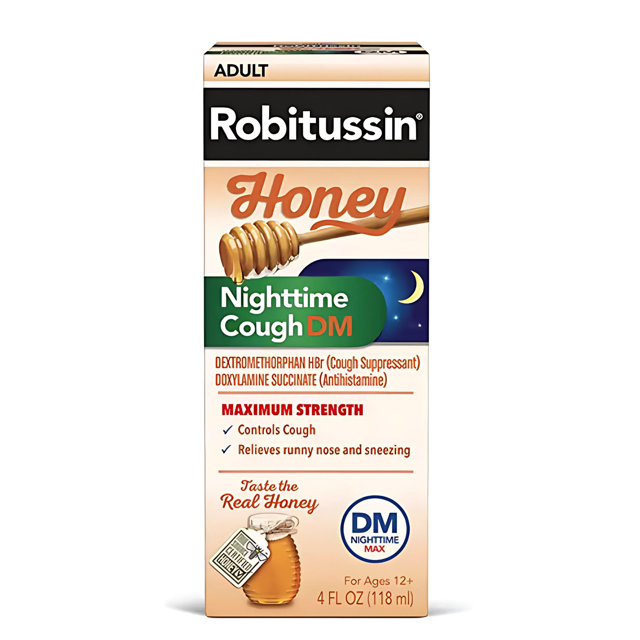 Robitussin Nighttime Max Strength Cough Congestion DM and Cold Medicine, Honey Syrup, 4 fl oz