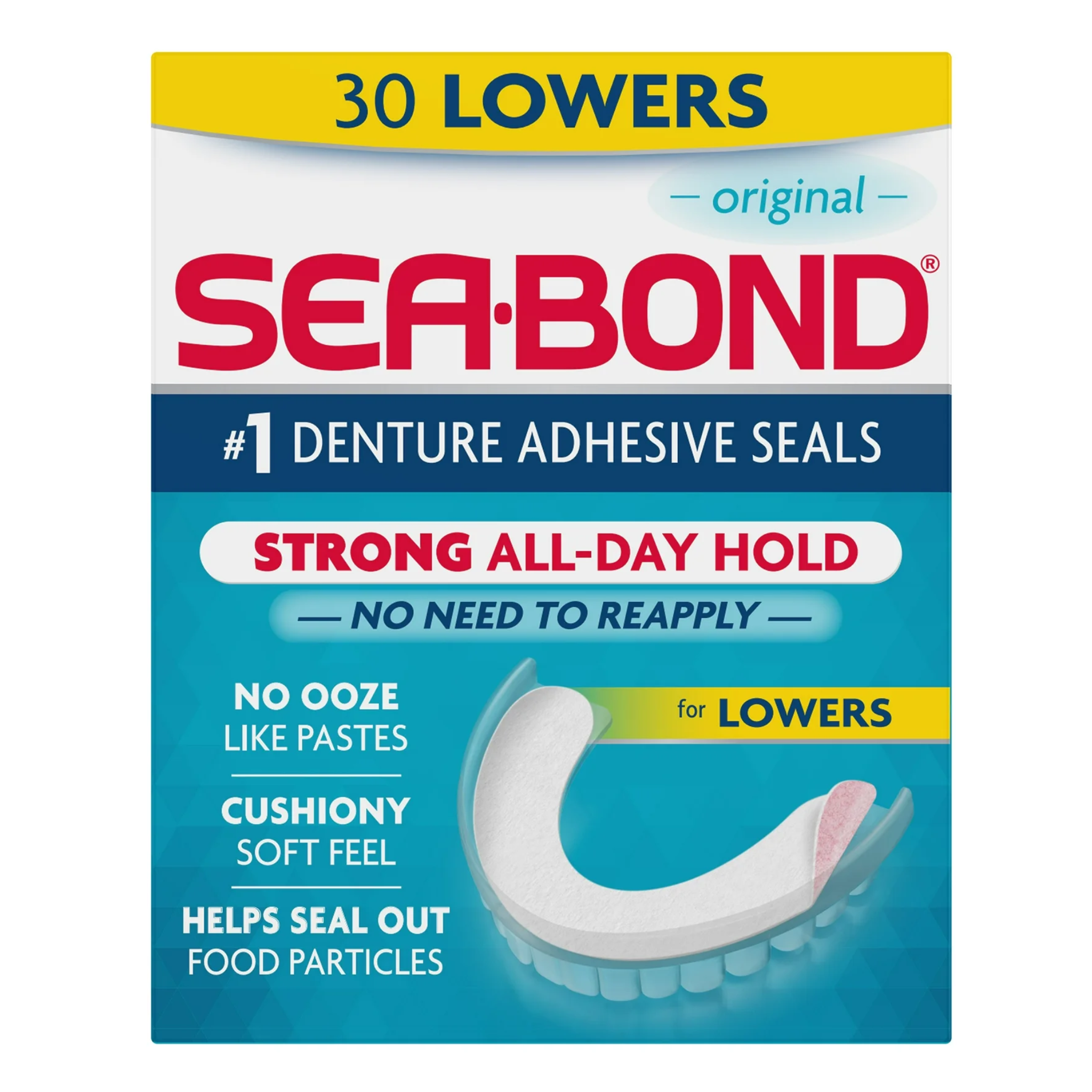 Sea Bond, Lower Secure Denture Adhesive Seals, All-Day Strong Hold for Lower Dentures, Original Flavor, 30 Count