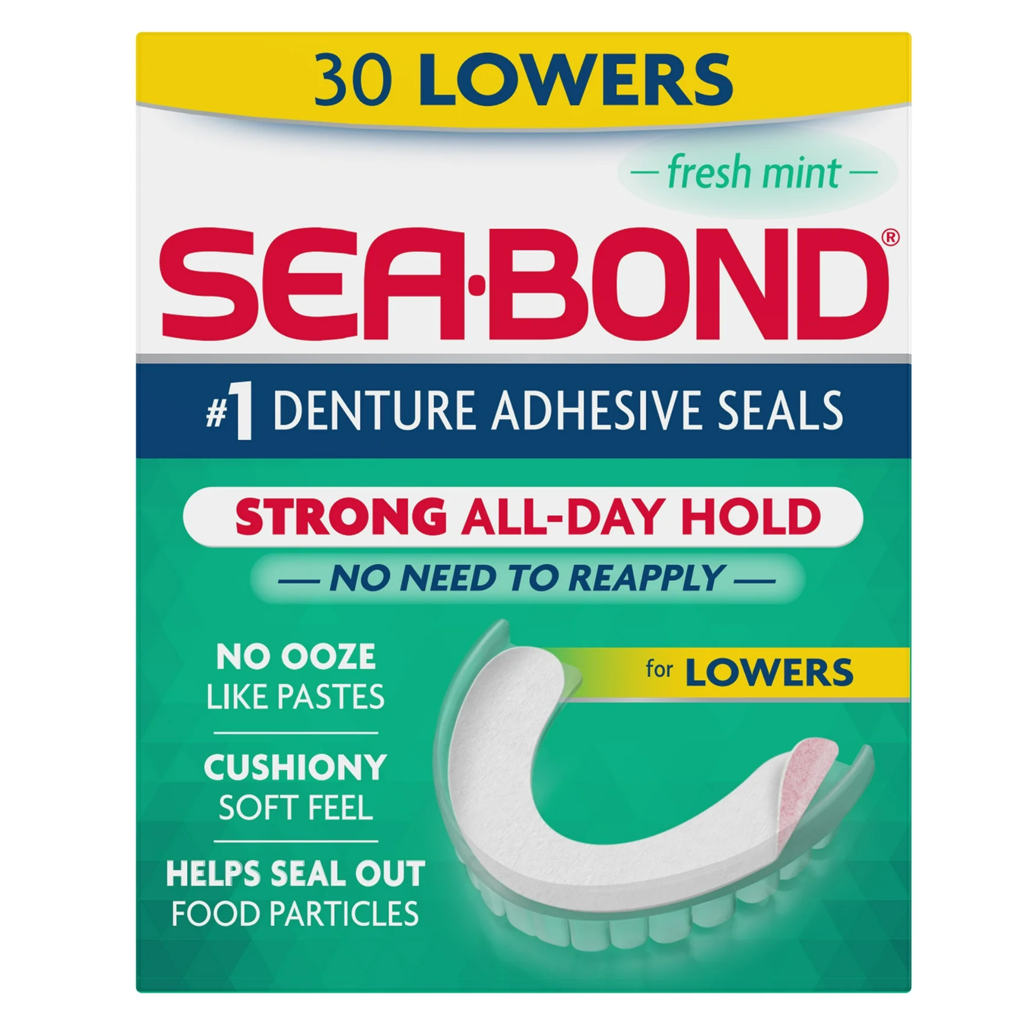 Sea Bond, Lower Secure Denture Adhesive Seals, Fresh Mint Flavor for All-Day Hold, 30 Count