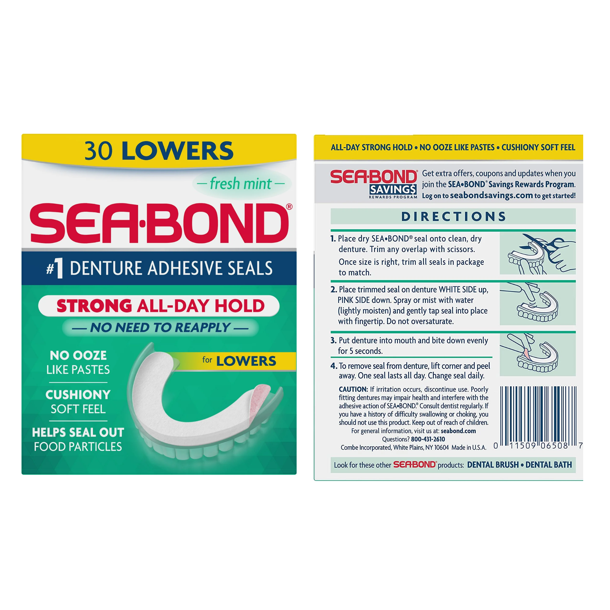 Sea Bond, Lower Secure Denture Adhesive Seals, Fresh Mint Flavor for All-Day Hold, 30 Count