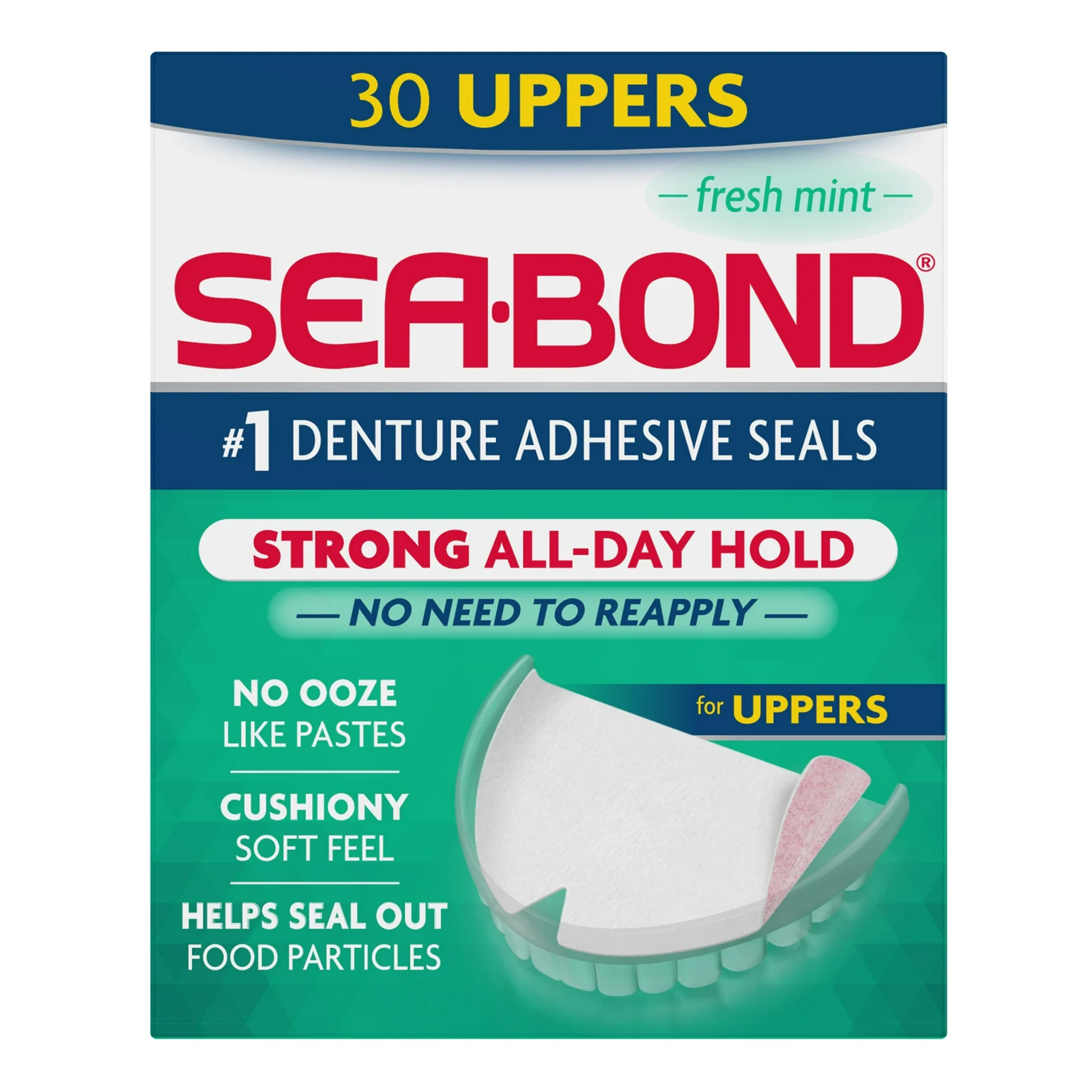 Sea Bond, Upper Secure Denture Adhesive Seals, Fresh Mint Flavor for All-Day Hold, 30 Count