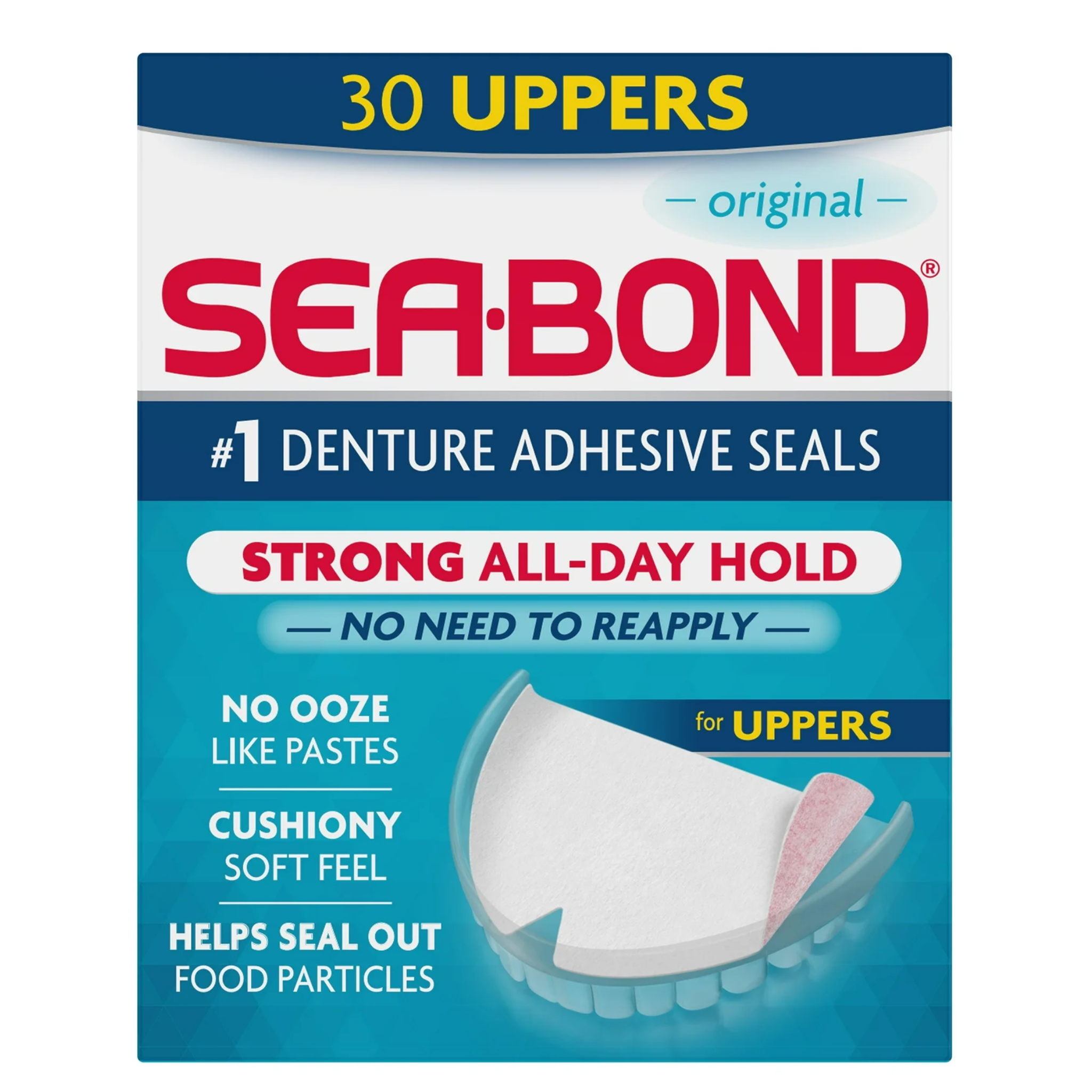 Sea Bond, Upper Secure Denture Adhesive Seals, Original Flavor for All-Day Hold, 30 Count