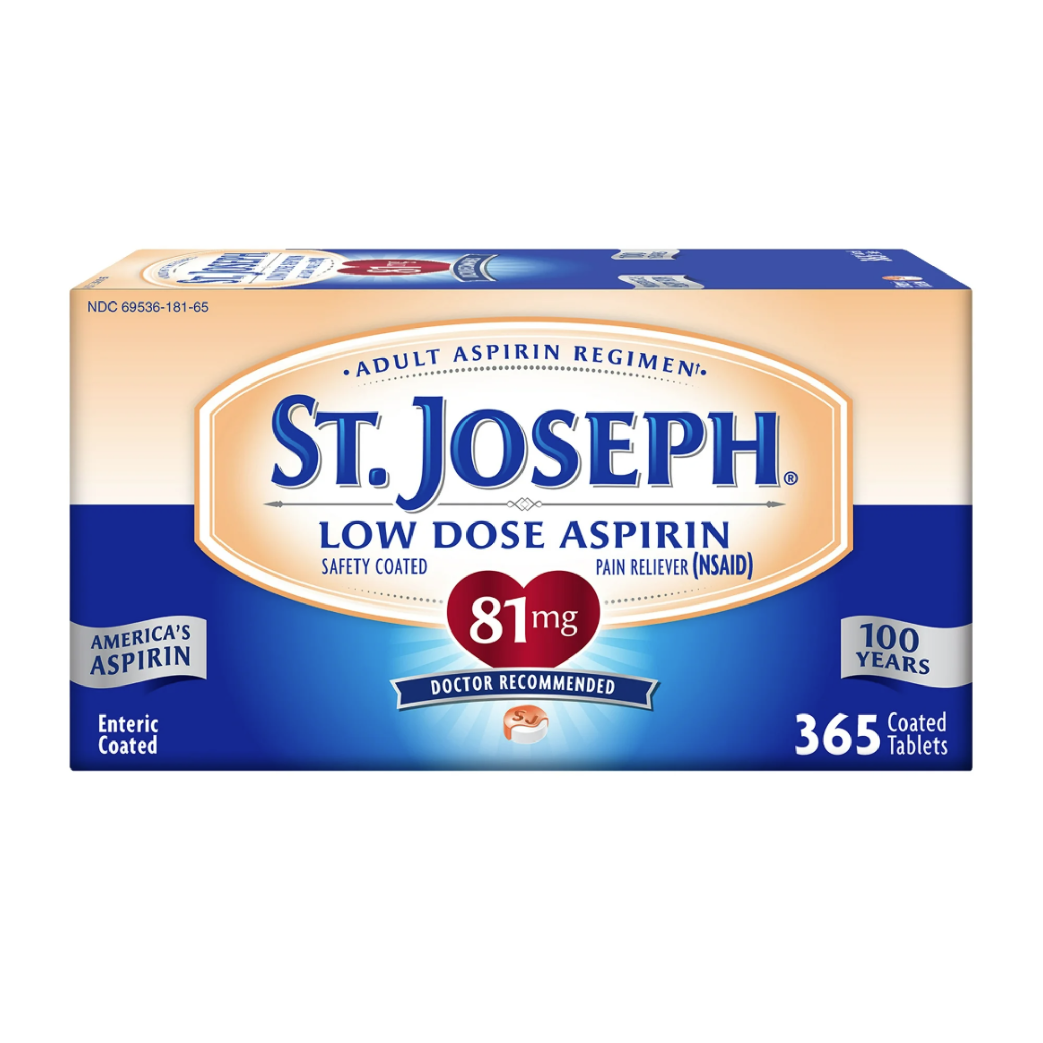 St. Joseph Aspirin Pain Reliever (NSAID) 81mg, Enteric Safety Coated, Adult Low Dose Regimen, 1 Year Supply, 365 Ct