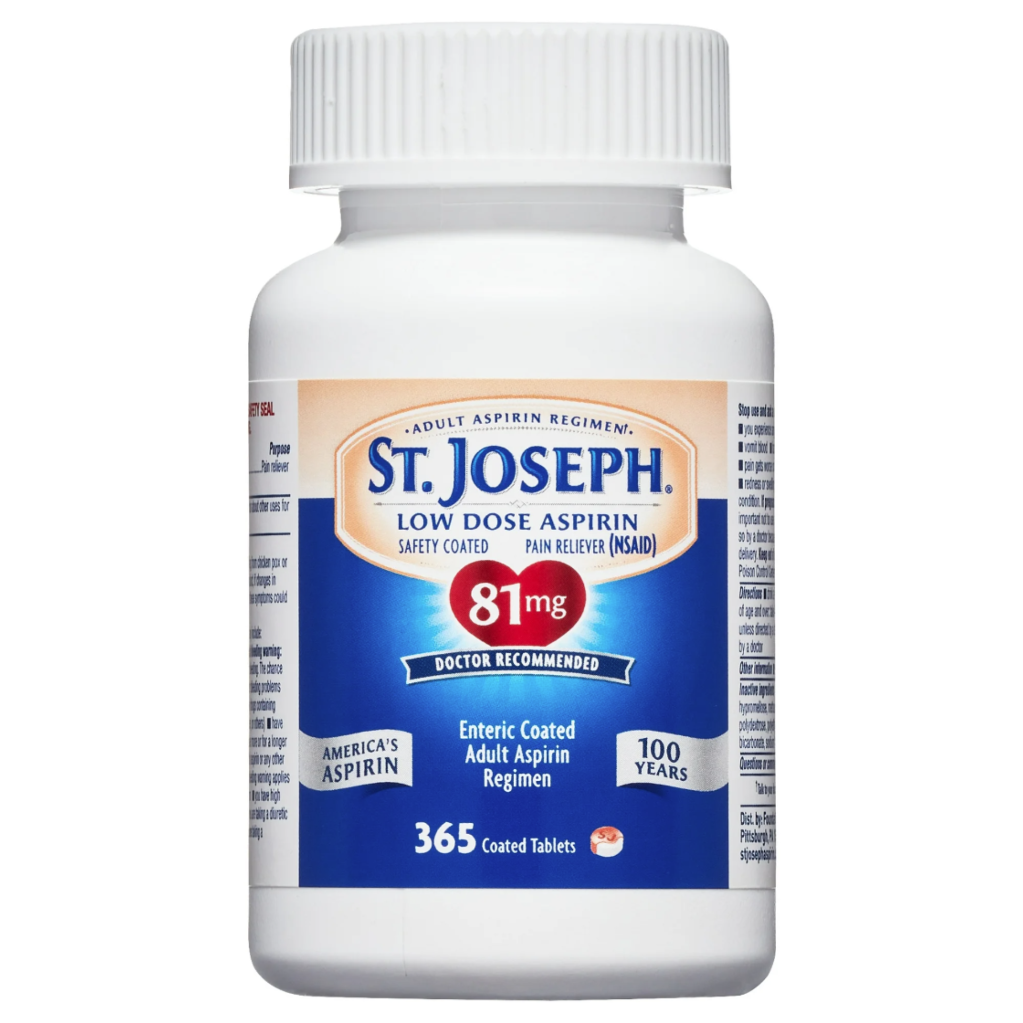 St. Joseph Aspirin Pain Reliever (NSAID) 81mg, Enteric Safety Coated, Adult Low Dose Regimen, 1 Year Supply, 365 Ct