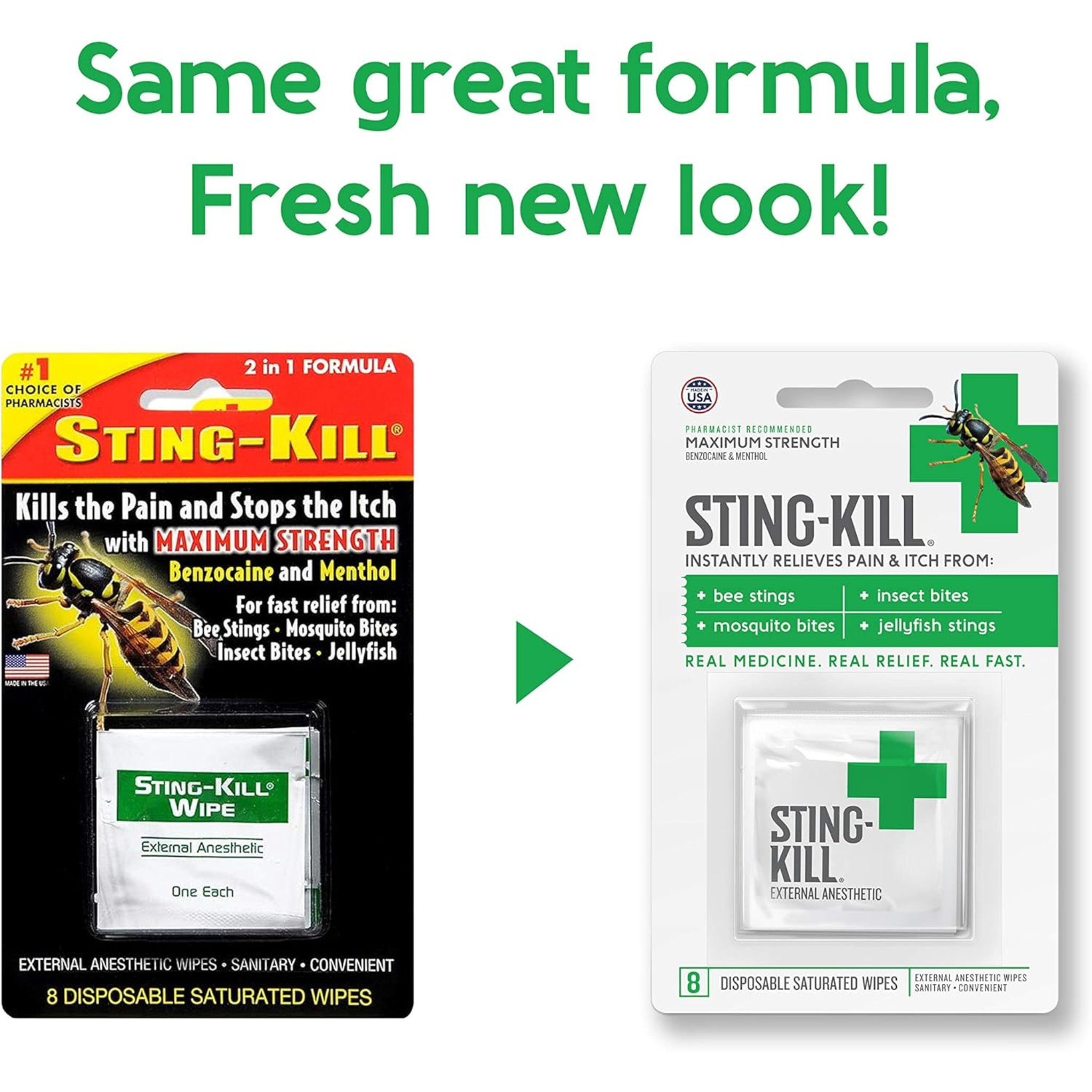 Sting-Kill, First Aid Anesthetic Wipes, Instant Pain and Itch Relief for Bee Stings and Bug Bites, 8-Count