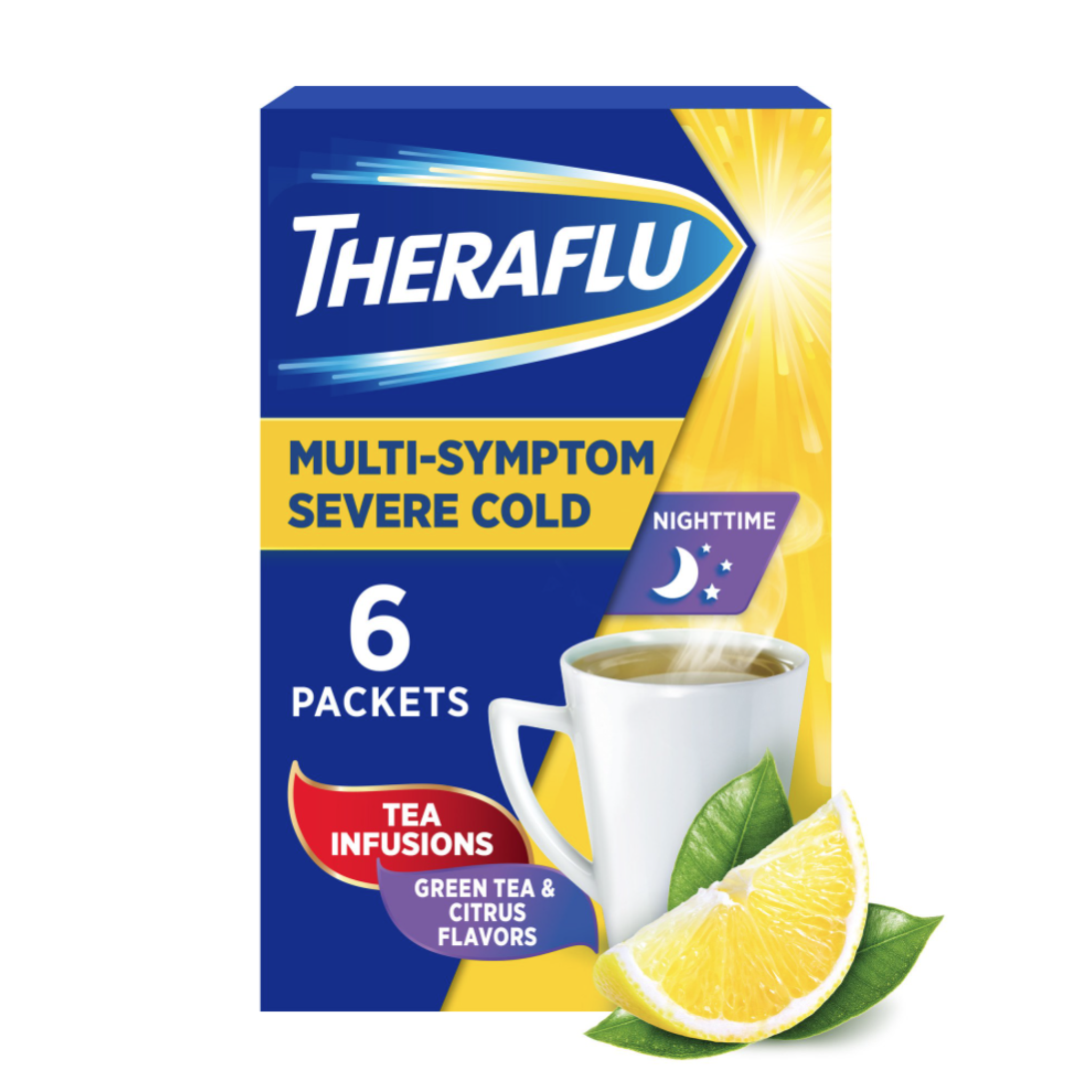 Theraflu Nighttime MultiSymptom Severe Cold with Green Tea & Citrus Hot Liquid Powder for Cough & Cold Relief, 6 count