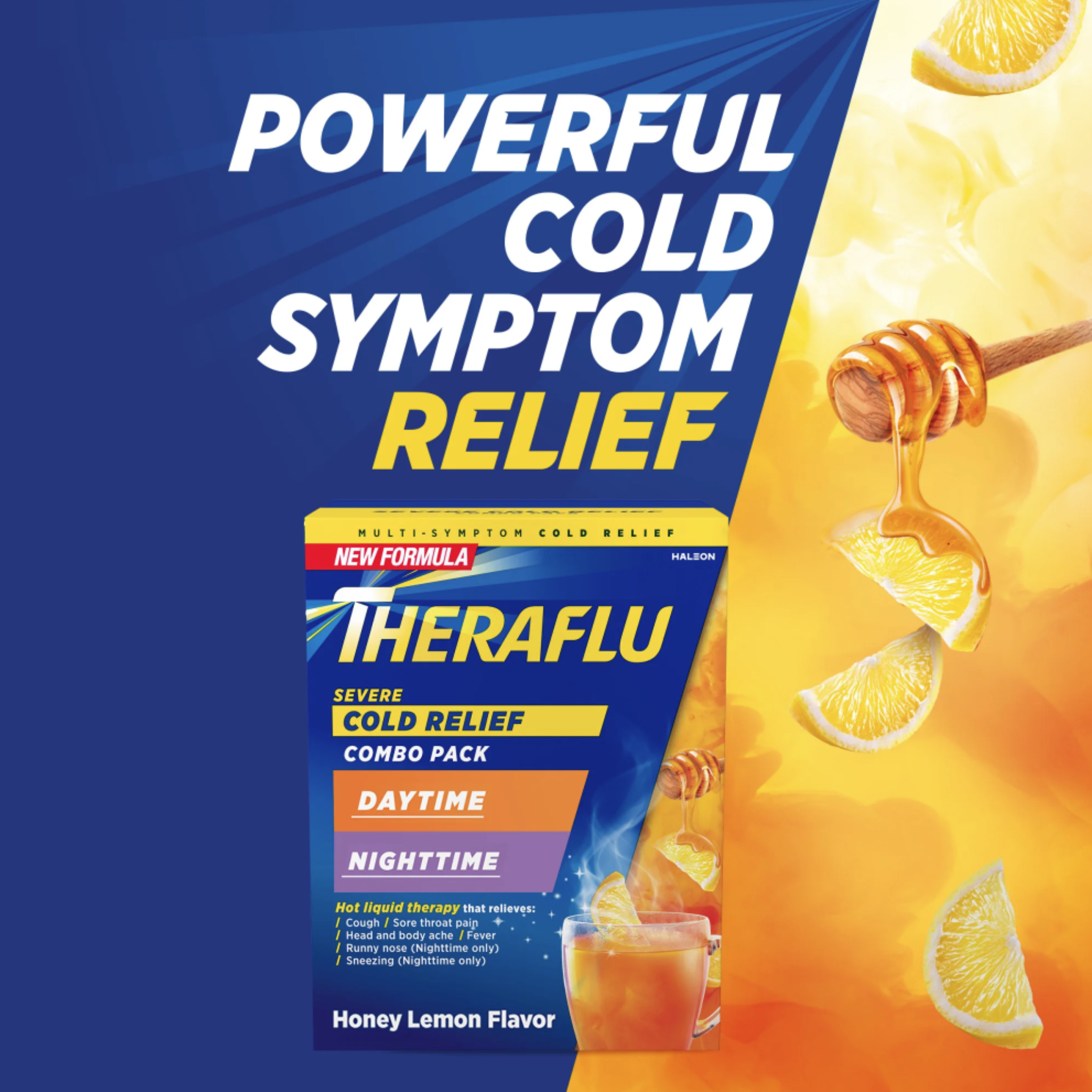 Theraflu Severe Cough Cold and Flu Day and Nighttime Relief Medicine Powder, Honey Lemon, 12 Count