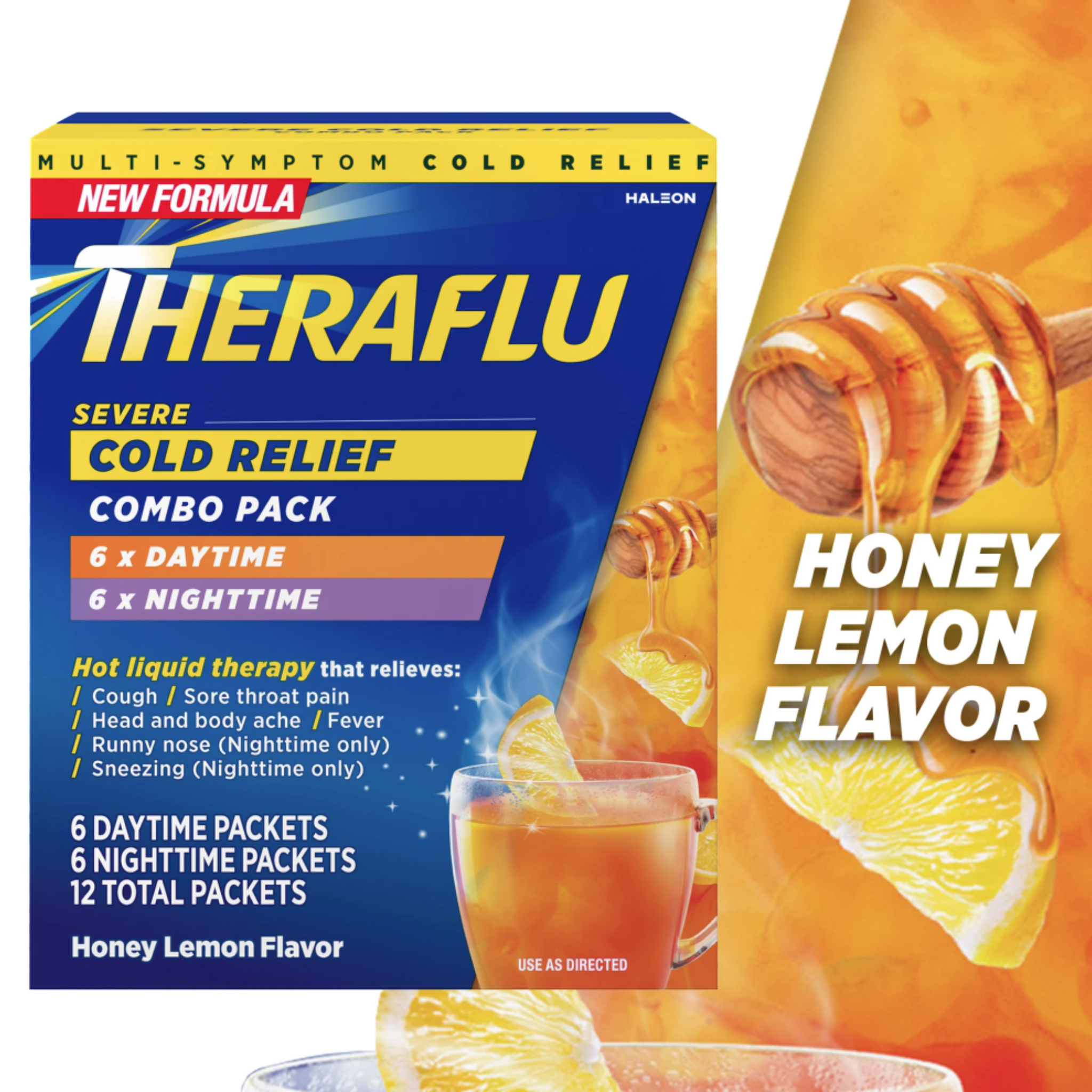 Theraflu Severe Cough Cold and Flu Day and Nighttime Relief Medicine Powder, Honey Lemon, 12 Count