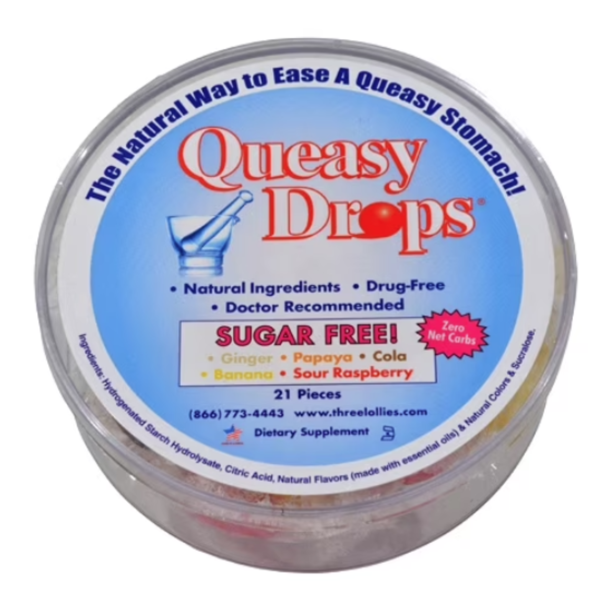 Three Lollies Queasy Drops Sugar Free Pieces, 21 Ea