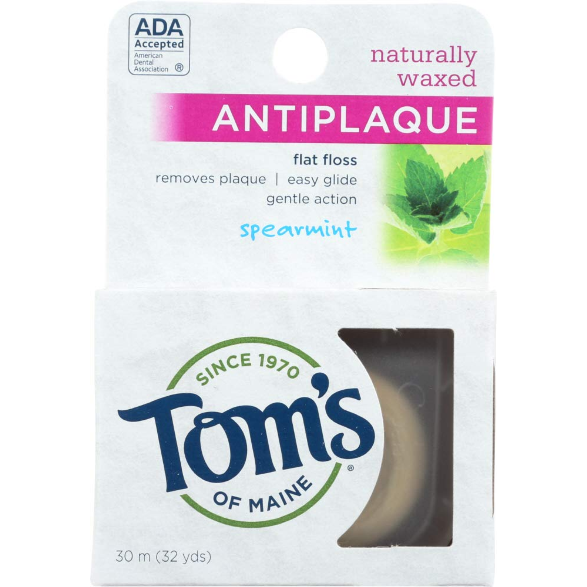 Tom's of Maine, Natural Waxed Antiplaque Flat Floss, Spearmint Flavor for Plaque Removal, 32-Yards