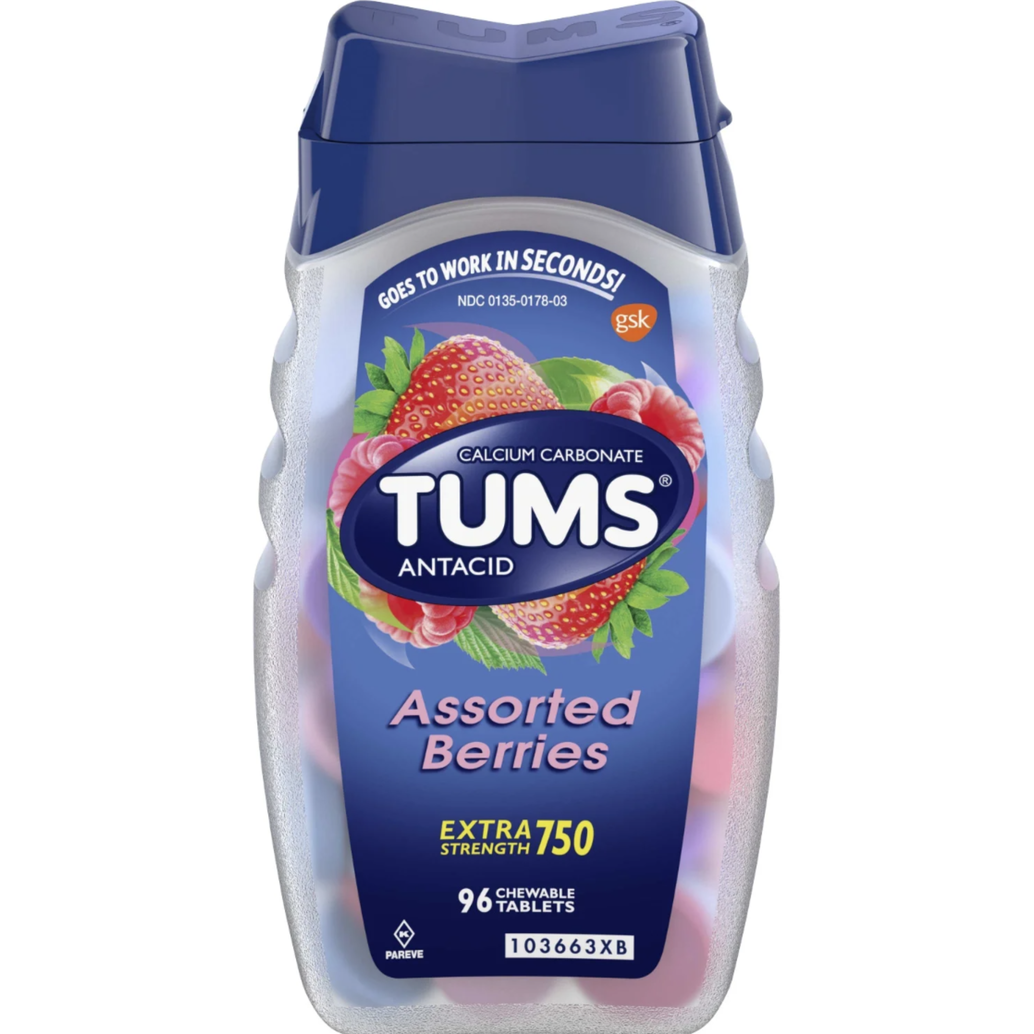 Tums Chewable Antacid Tablets for Extra Strength Heartburn Relief, Assorted Berries Flavors - 96 Count