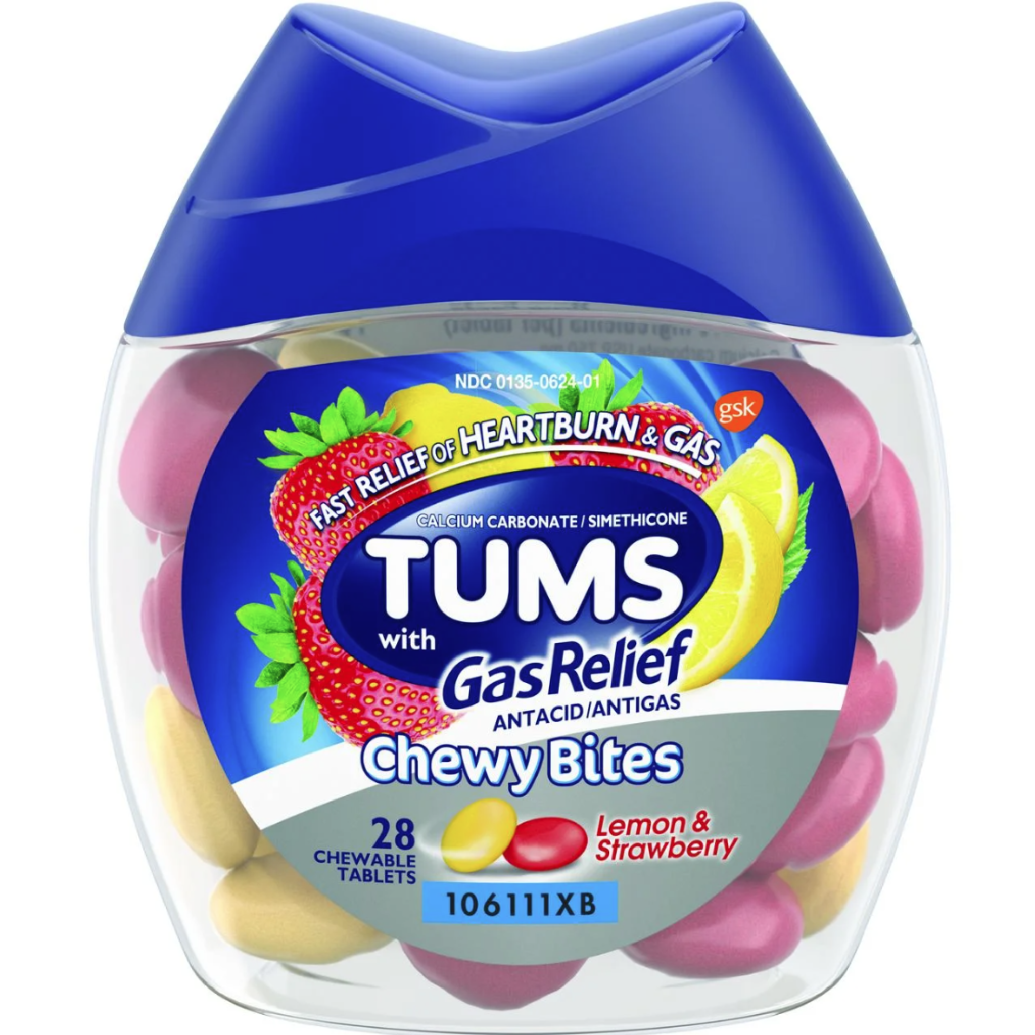 Tums Chewy Bites Antacid with Gas Relief, Lemon Strawberry Hard Shell Chews for Heartburn + Gas Relief, 28 Antacid Chews