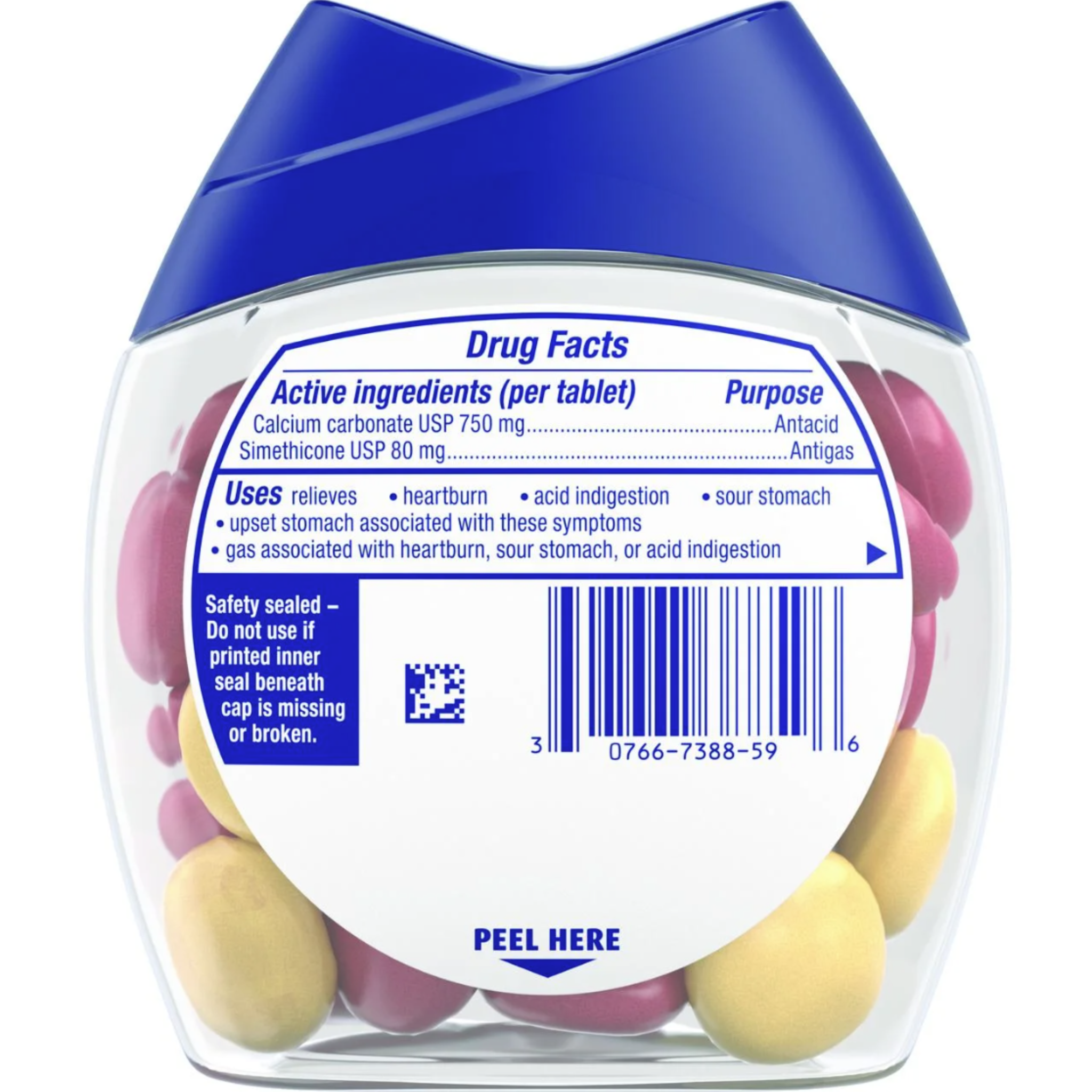 Tums Chewy Bites Antacid with Gas Relief, Lemon Strawberry Hard Shell Chews for Heartburn + Gas Relief, 28 Antacid Chews