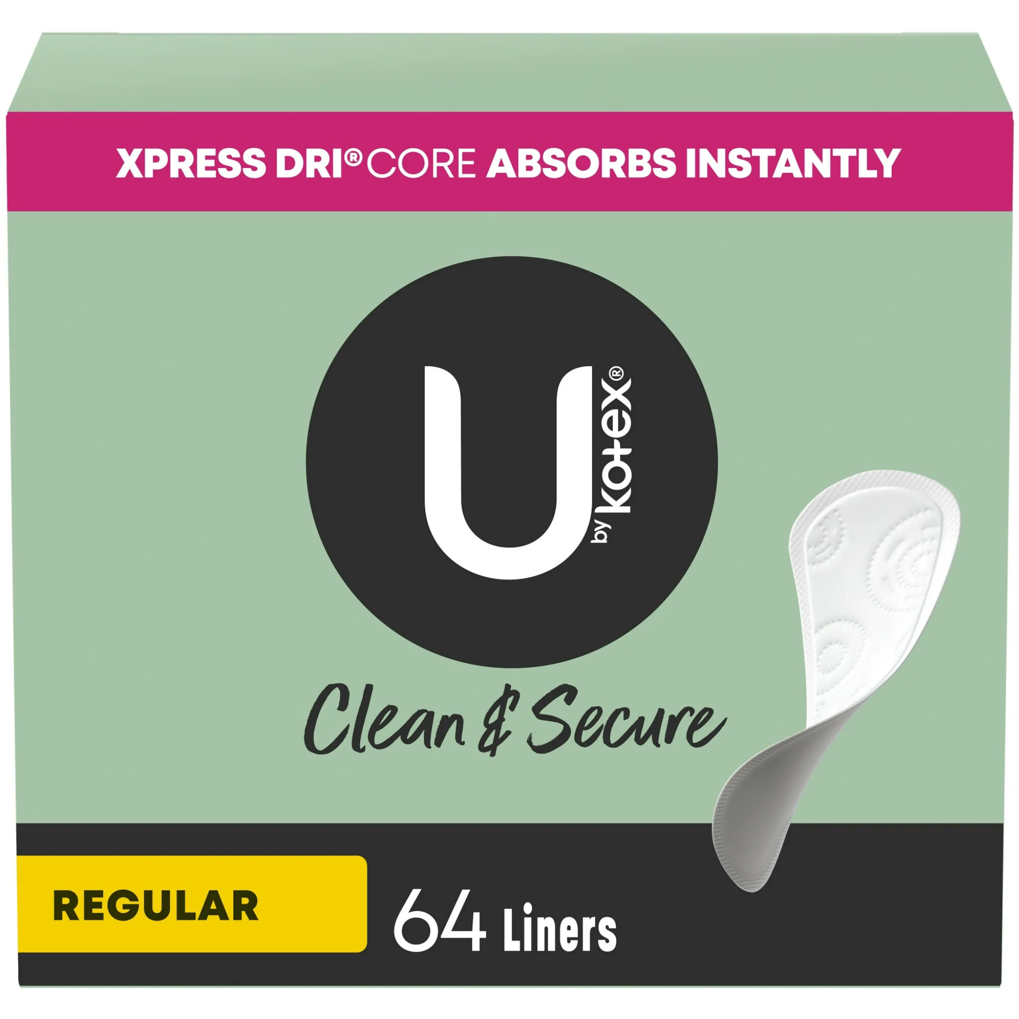 U by Kotex Clean & Secure Hypoallergenic Panty Liners, Light Absorbency, Regular Length, 64 Count