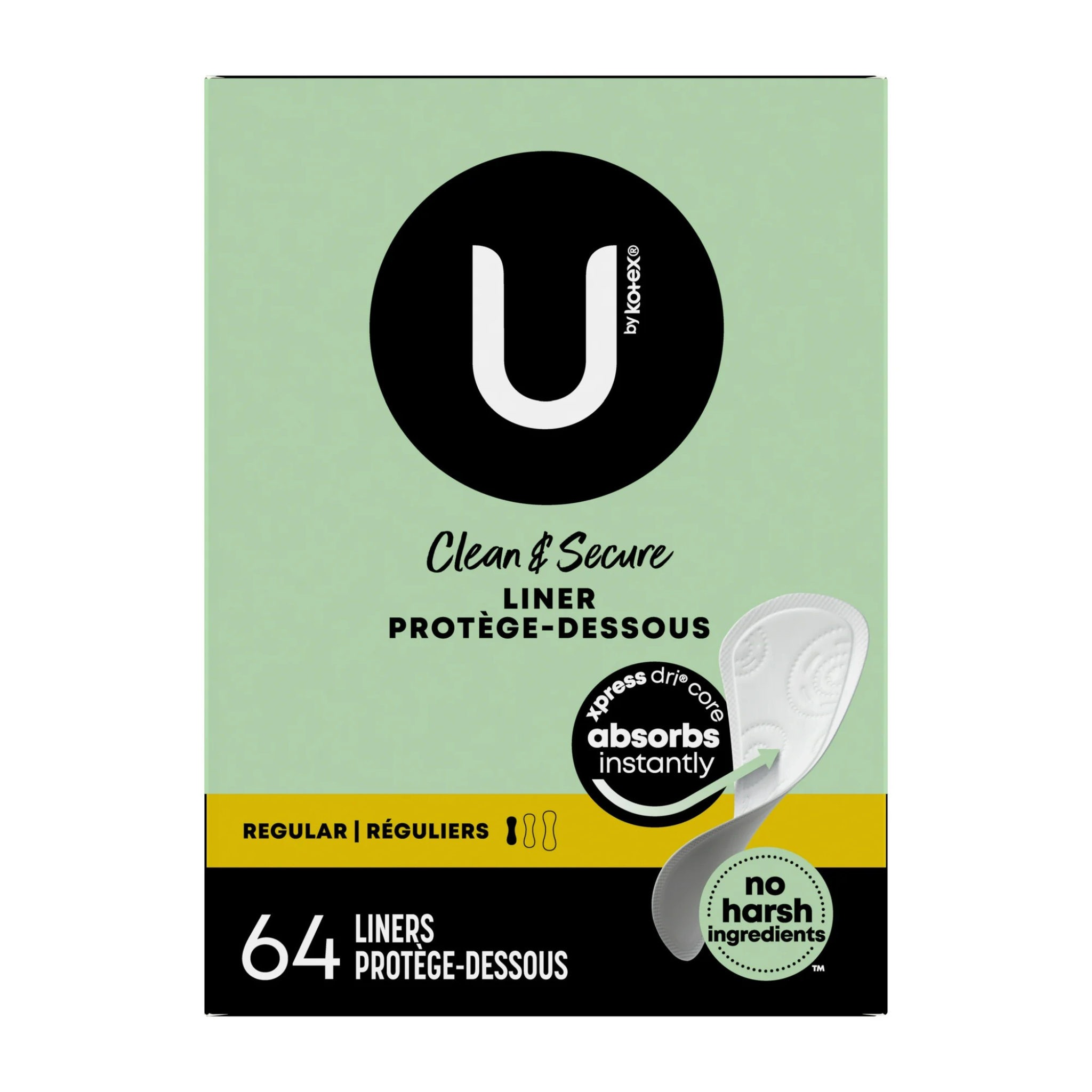 U by Kotex Clean & Secure Hypoallergenic Panty Liners, Light Absorbency, Regular Length, 64 Count