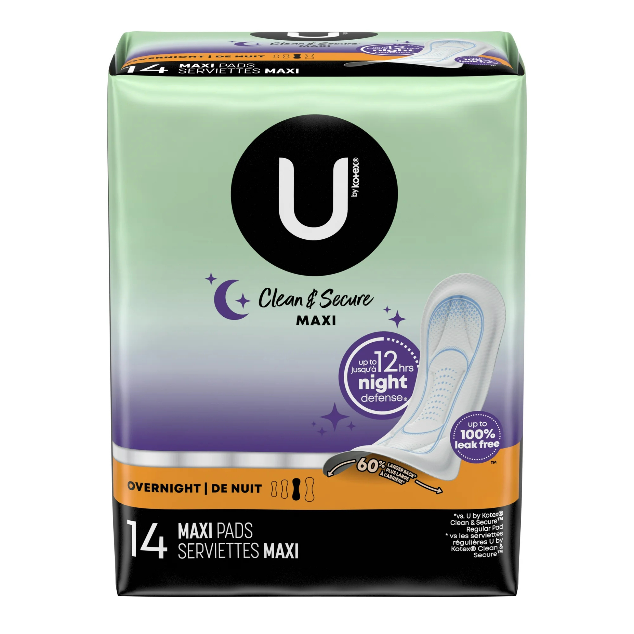 U by Kotex Clean & Secure Overnight Maxi Pads, 14 Count