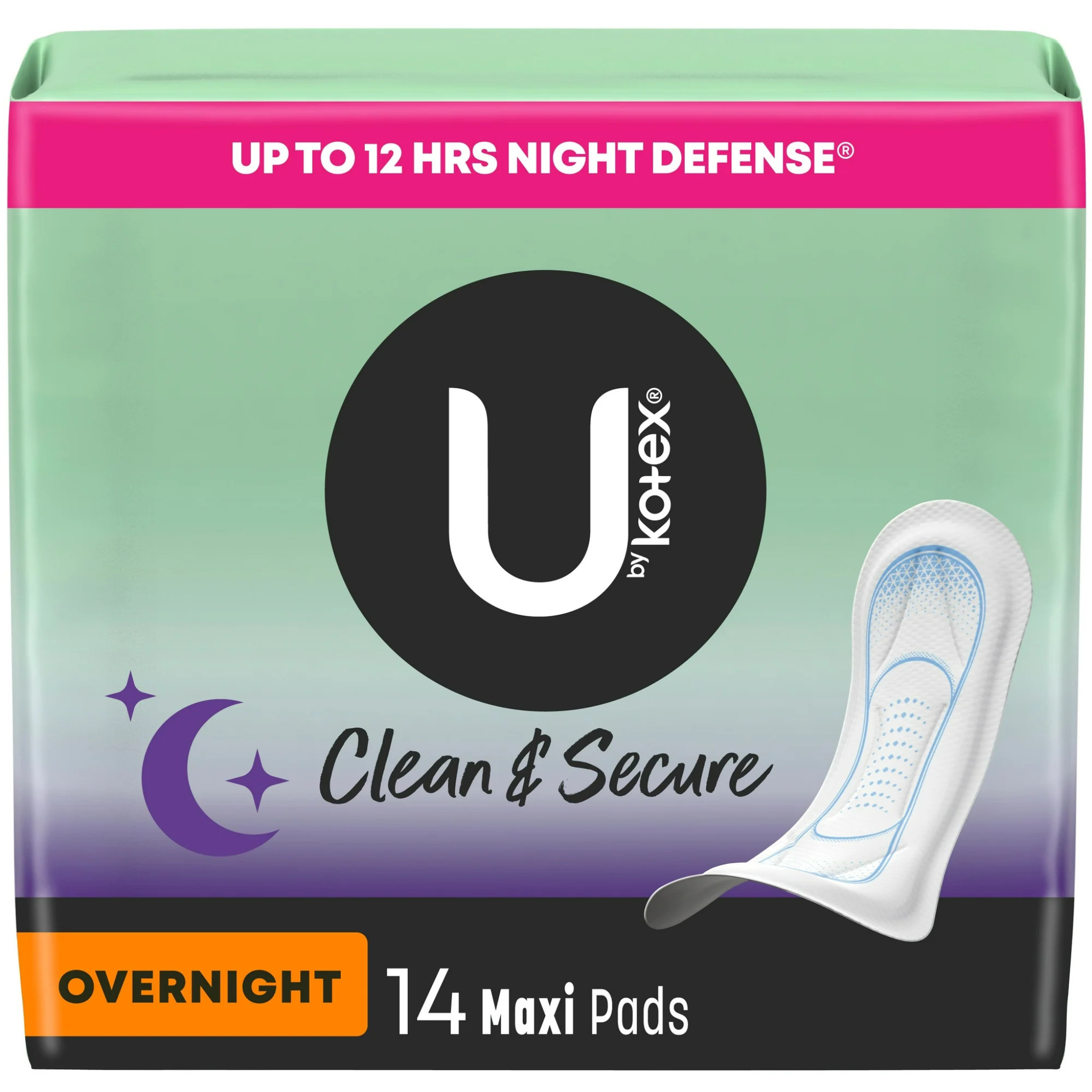 U by Kotex Clean & Secure Overnight Maxi Pads, 14 Count