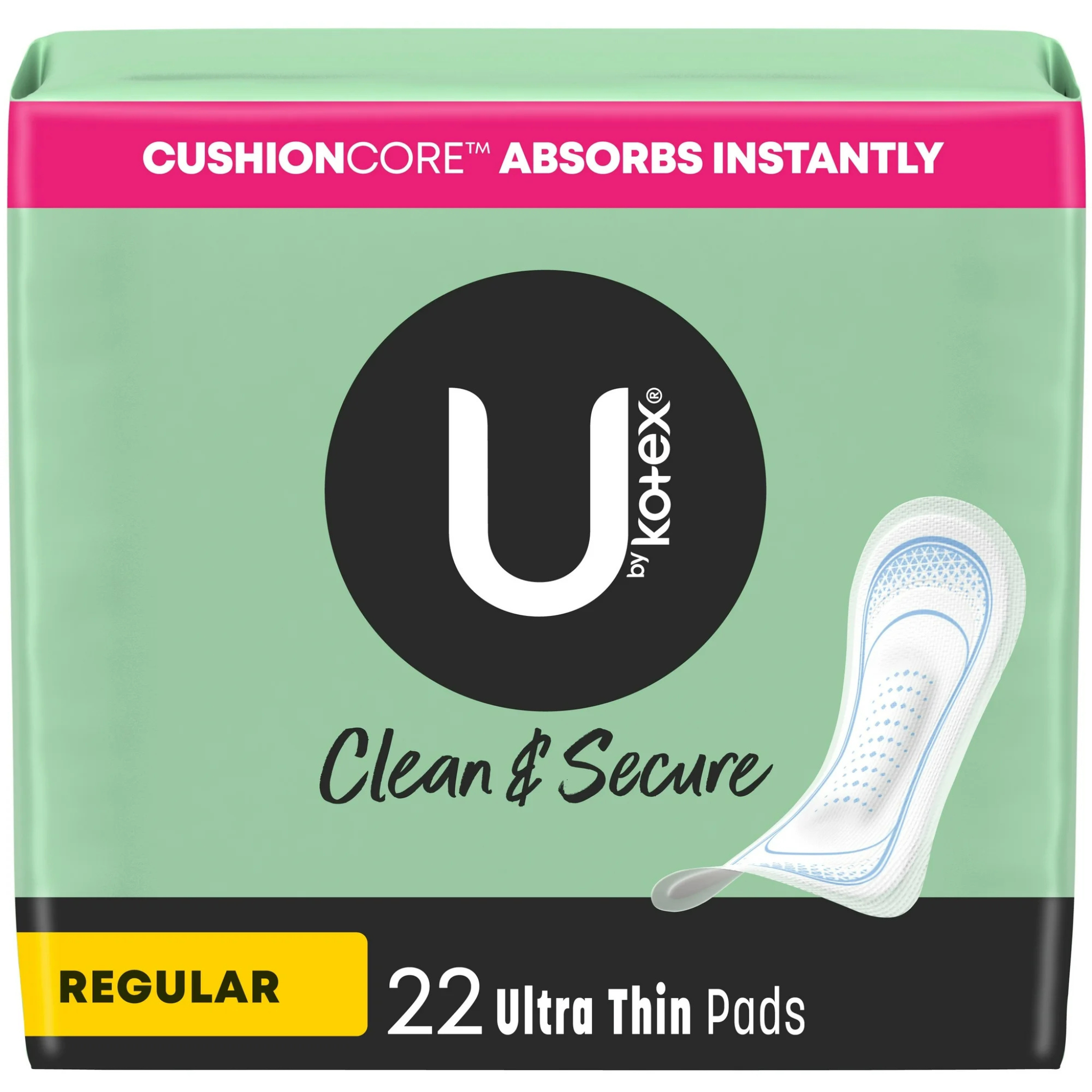 U by Kotex Clean & Secure Ultra Thin Pads, Regular Absorbency, 22 Count