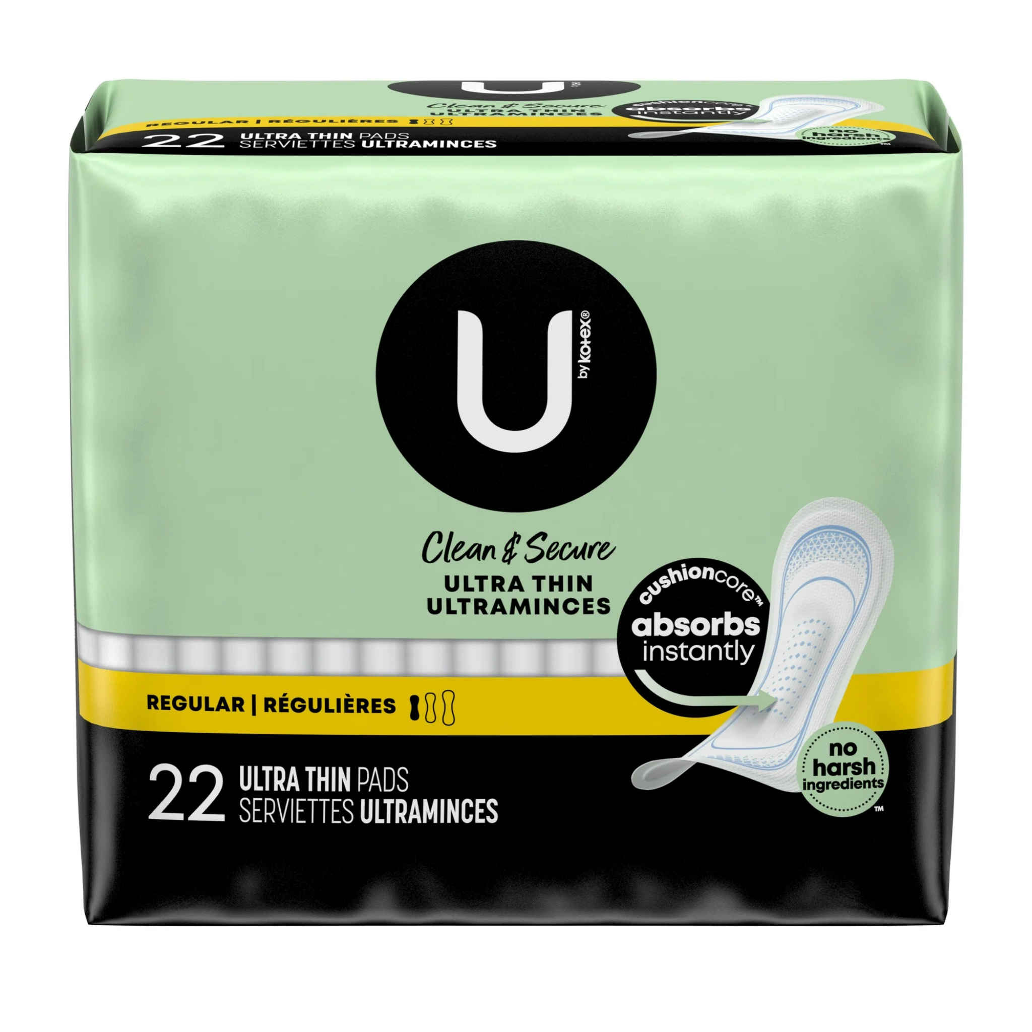 U by Kotex Clean & Secure Ultra Thin Pads, Regular Absorbency, 22 Count